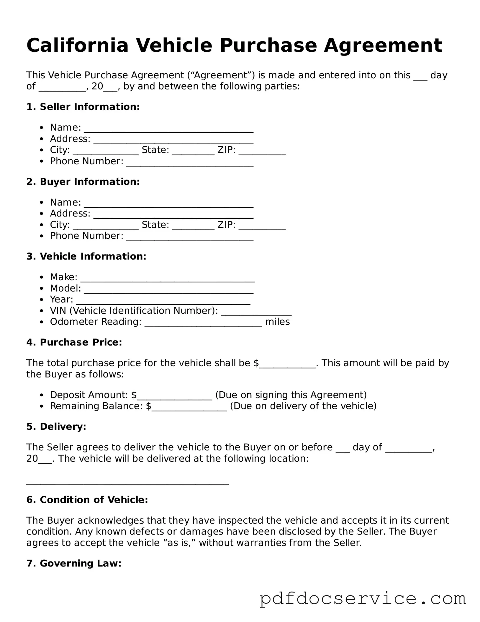 Printable  Vehicle Purchase Agreement Template for California