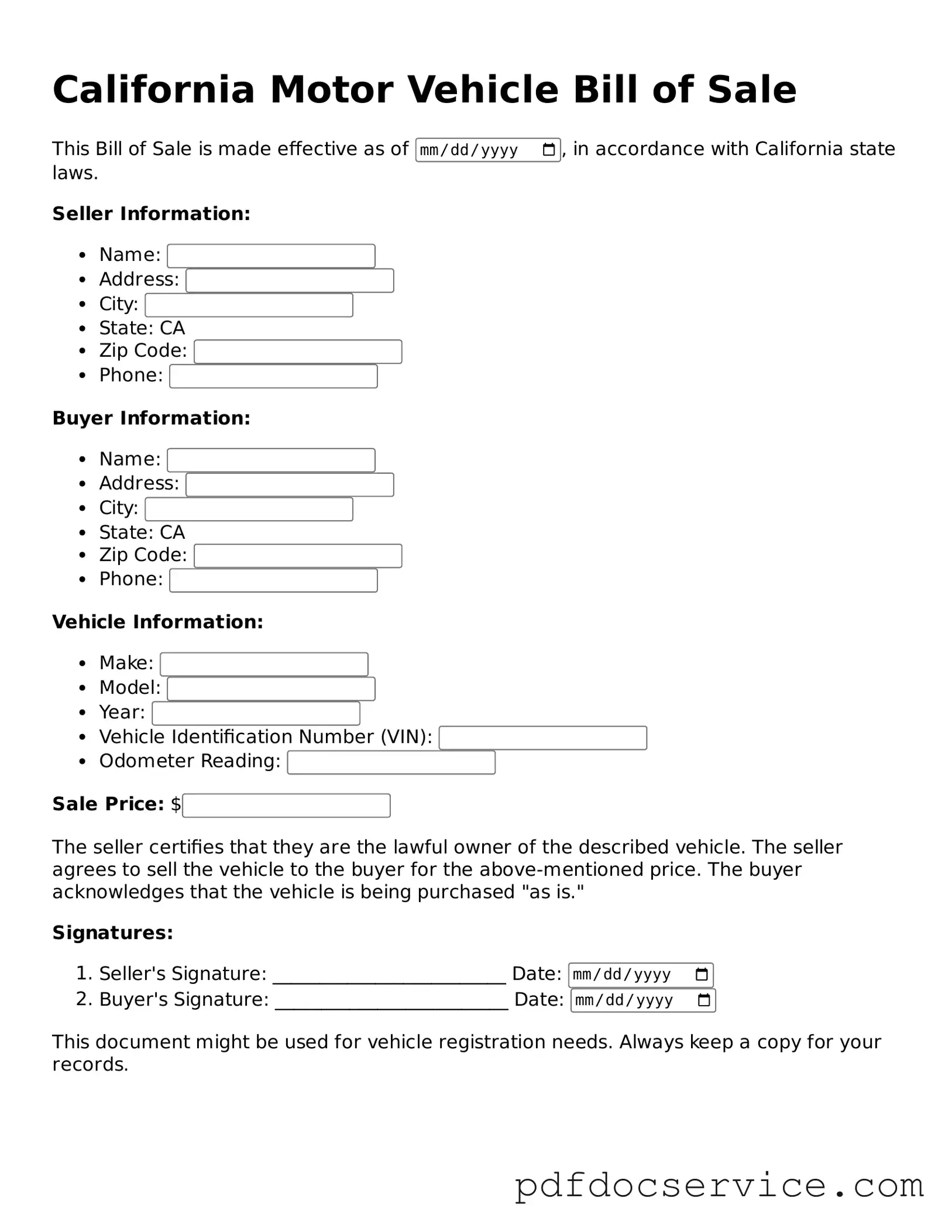 Printable  Motor Vehicle Bill of Sale Template for California