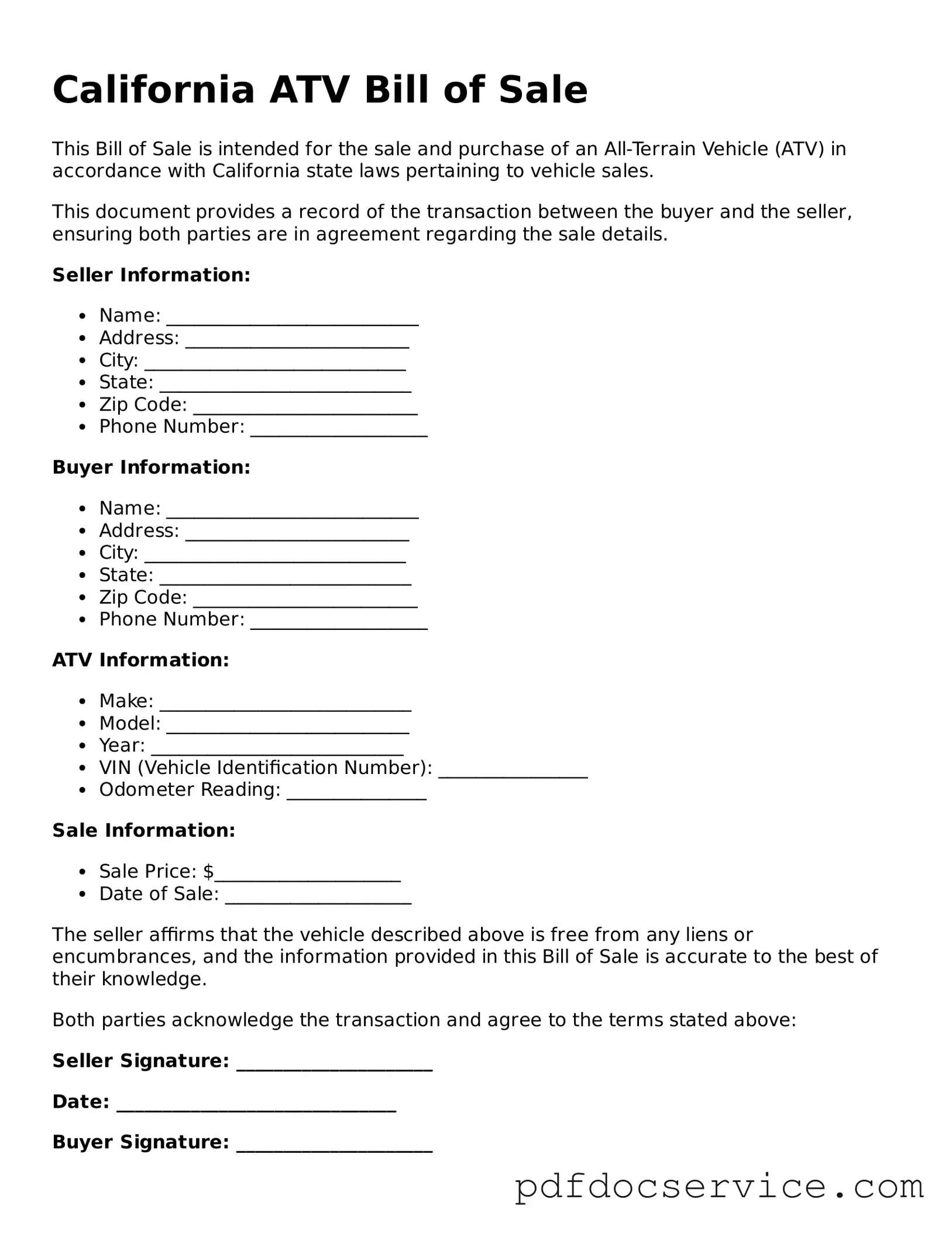 Printable  ATV Bill of Sale Template for California