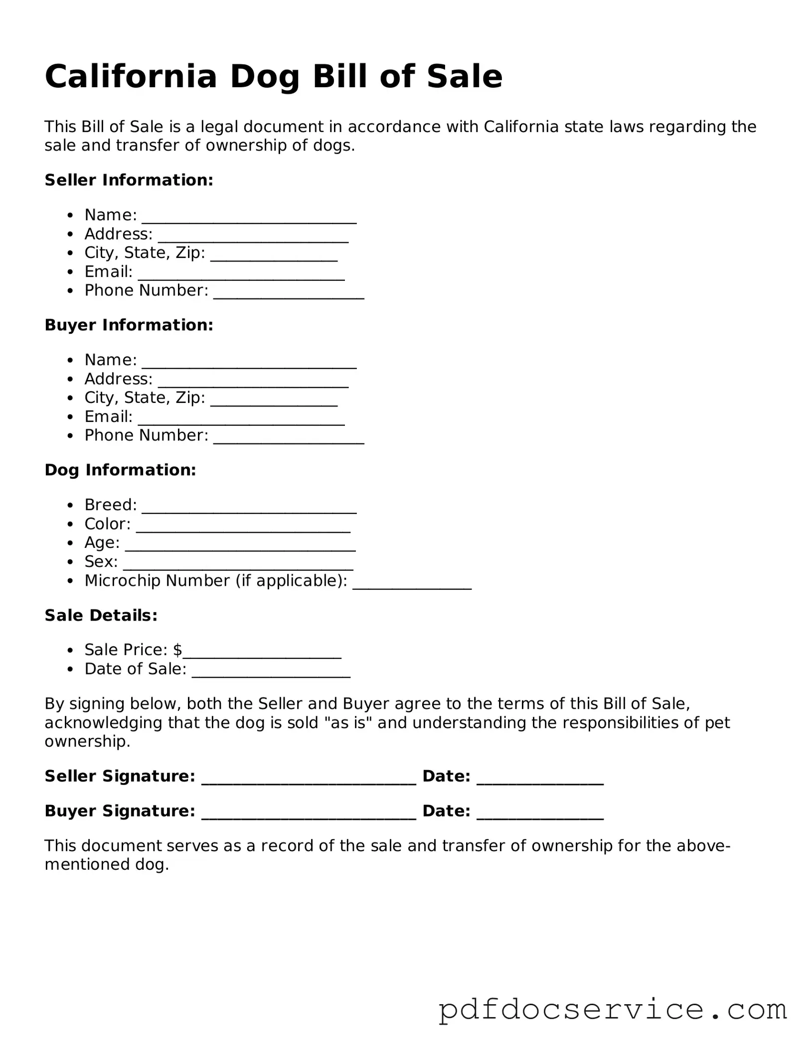 Printable  Dog Bill of Sale Template for California