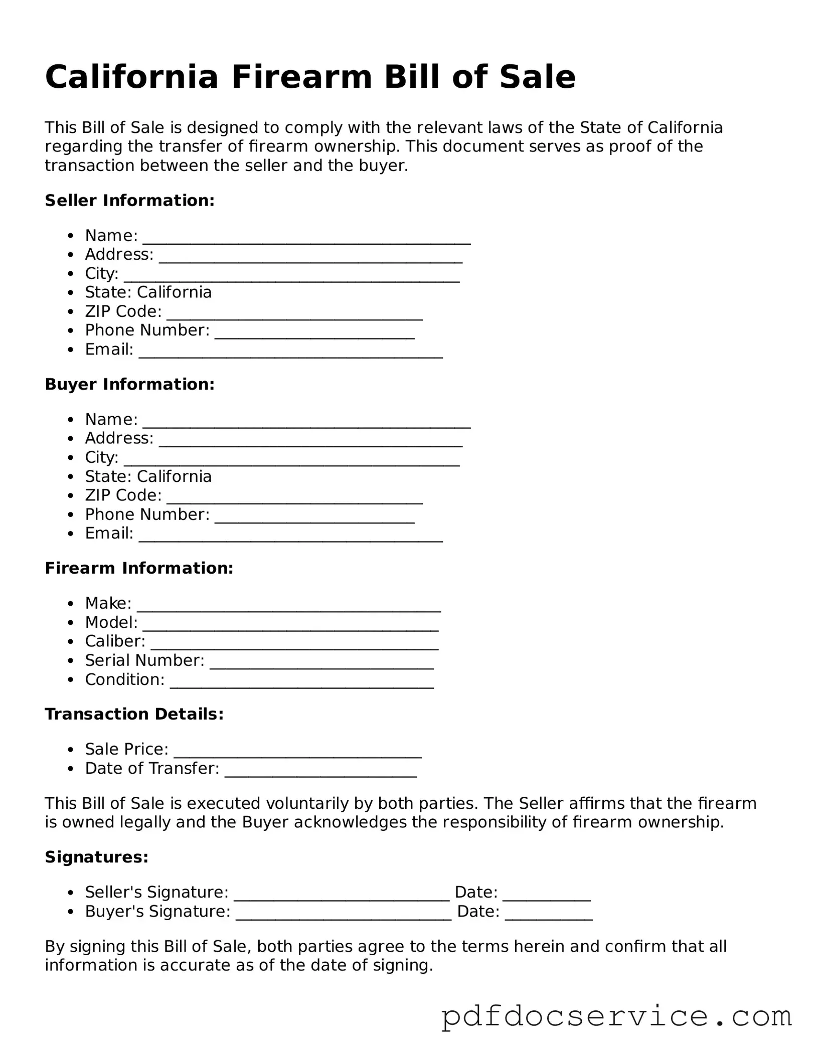 Printable  Firearm Bill of Sale Template for California