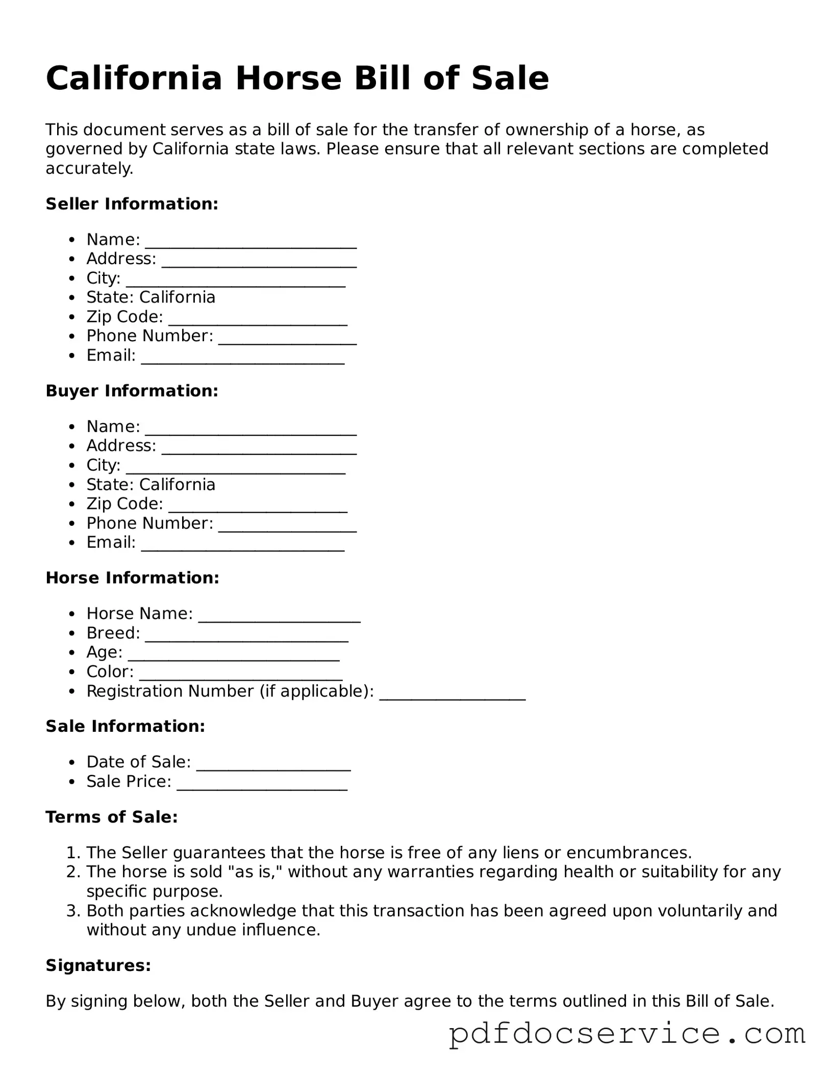 Printable  Horse Bill of Sale Template for California