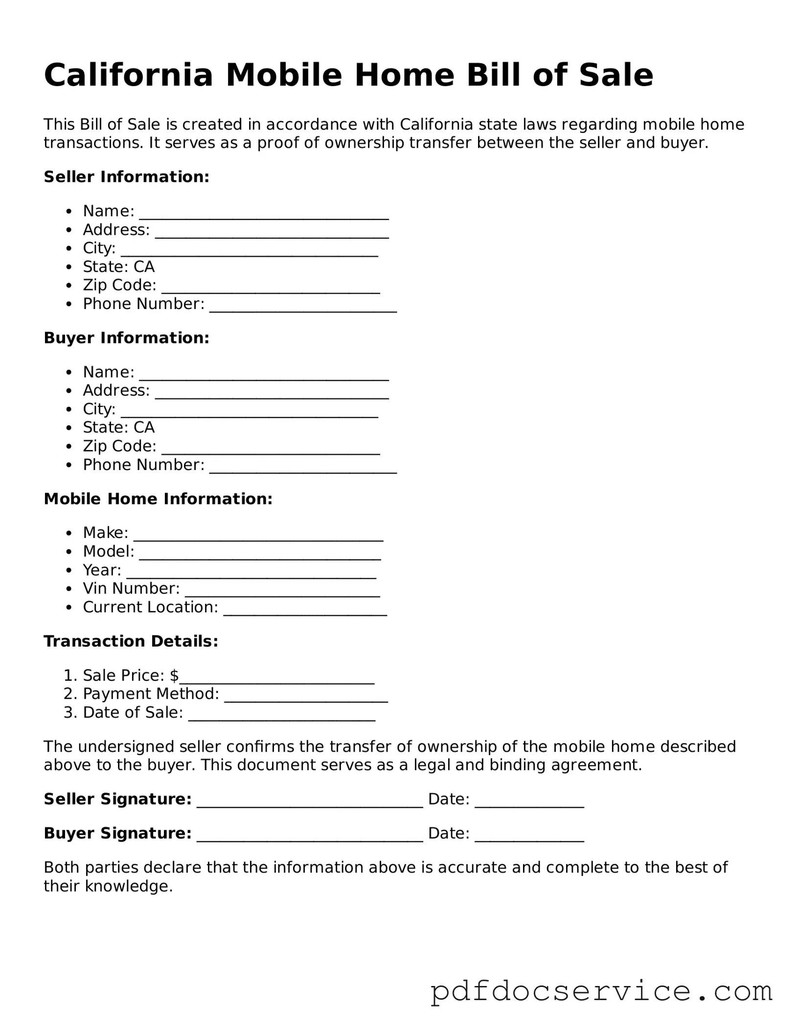 Printable  Mobile Home Bill of Sale Template for California