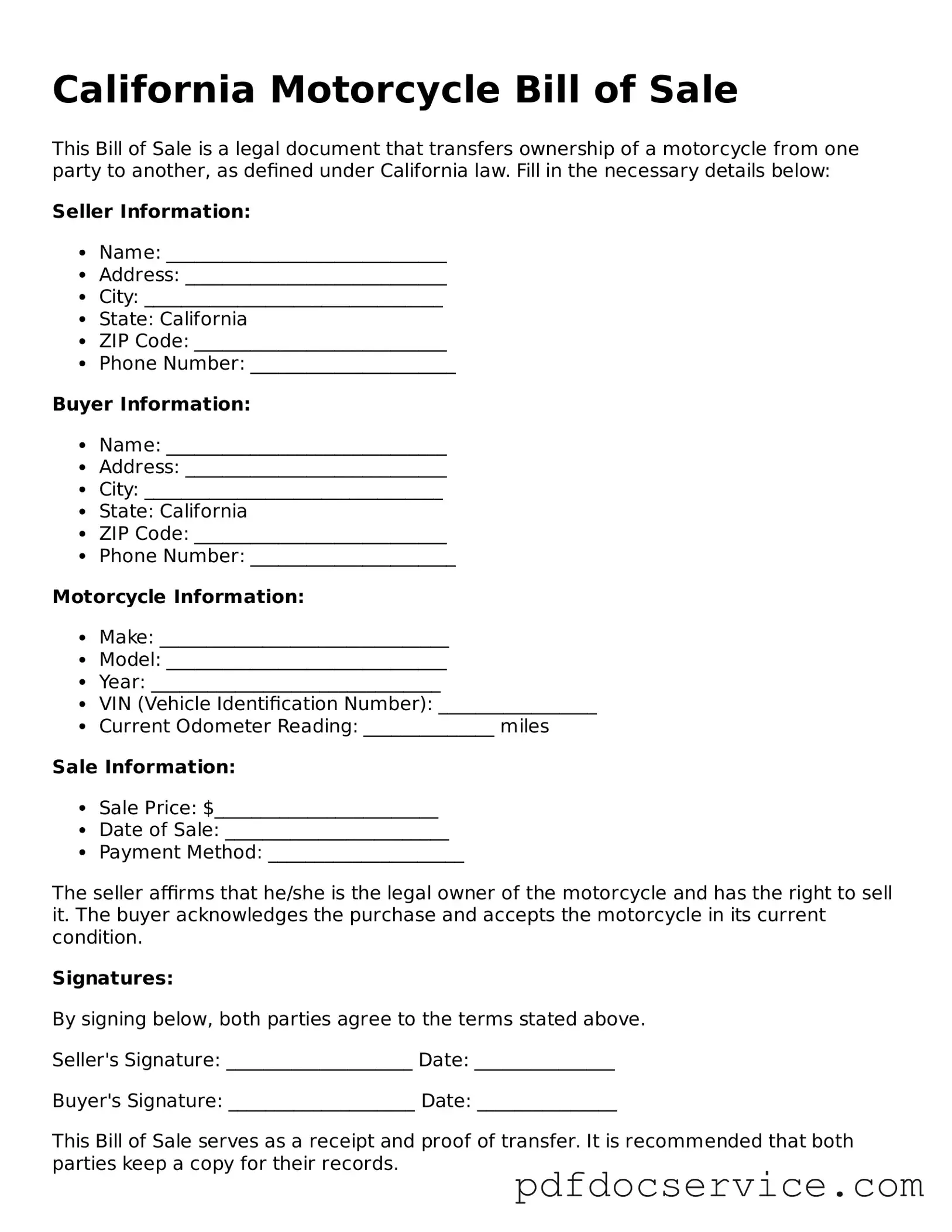 Printable  Motorcycle Bill of Sale Template for California