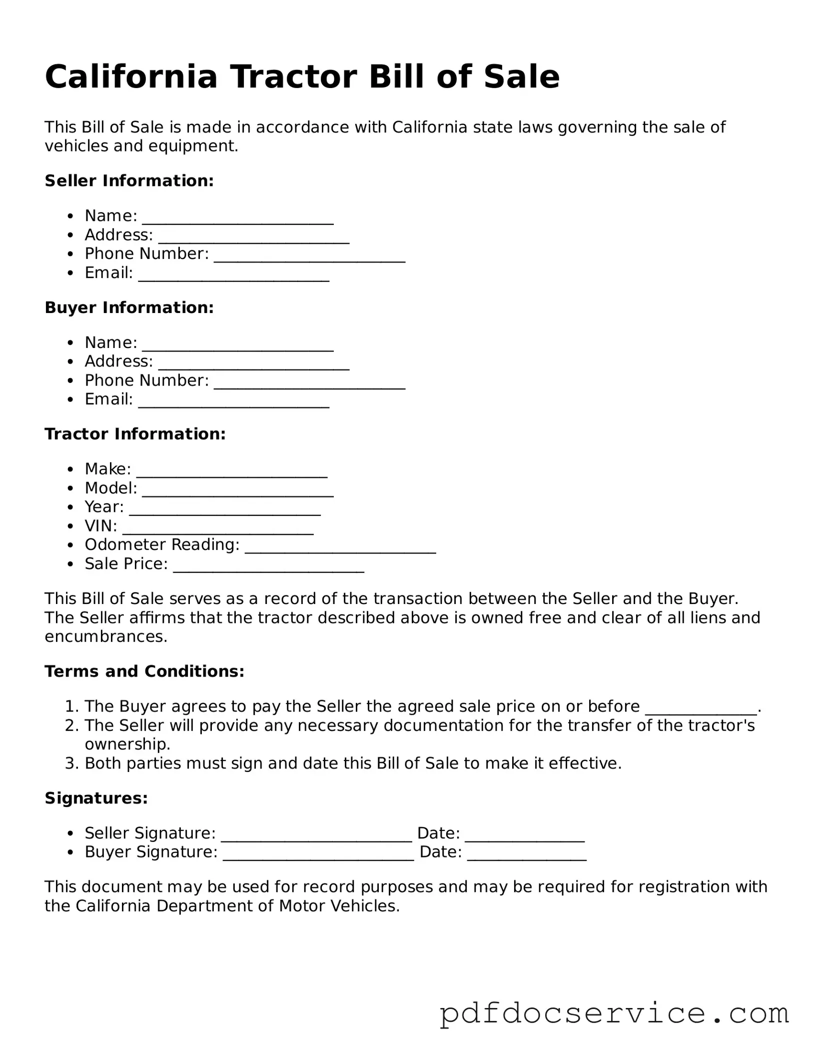 Printable  Tractor Bill of Sale Template for California