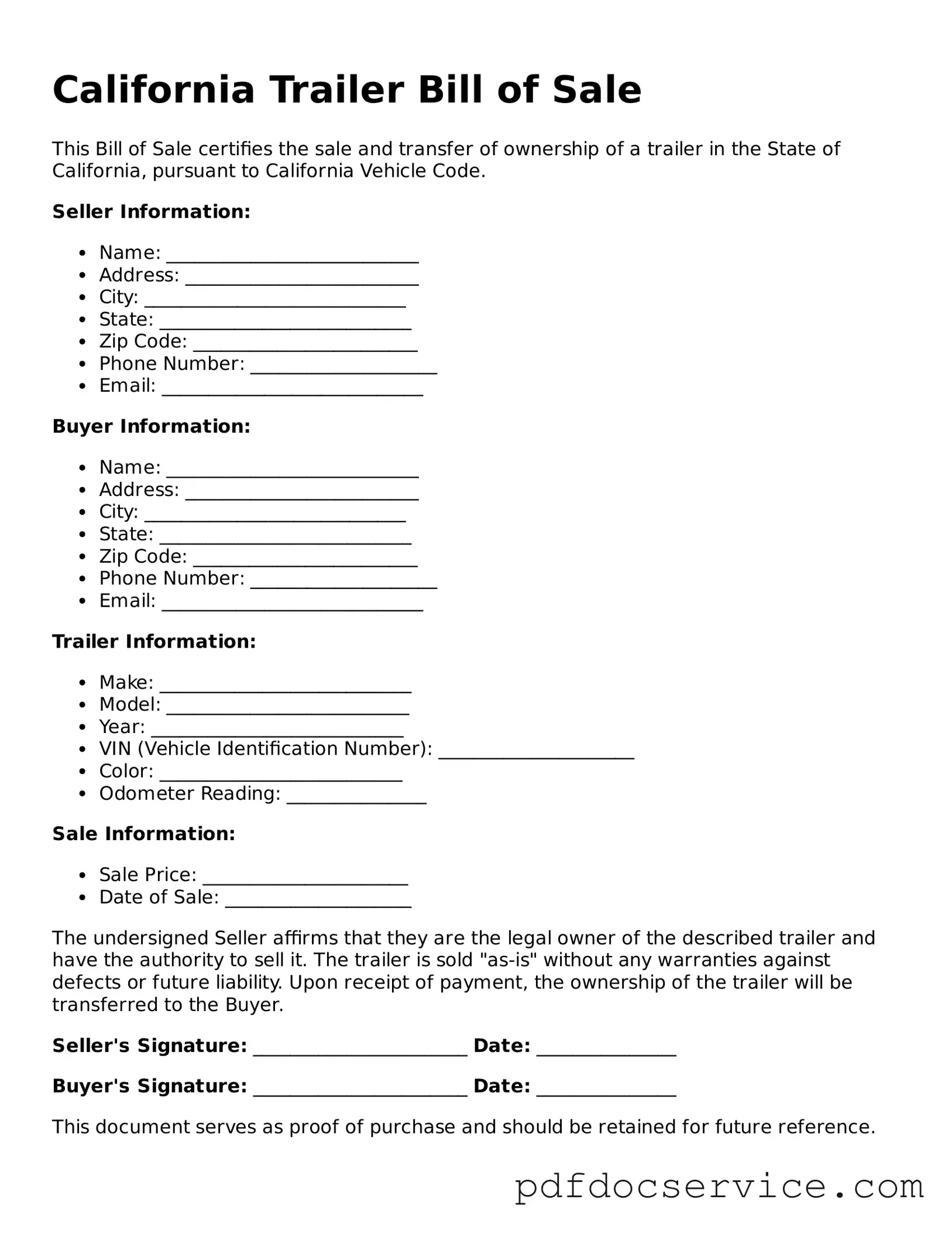 Printable  Trailer Bill of Sale Template for California