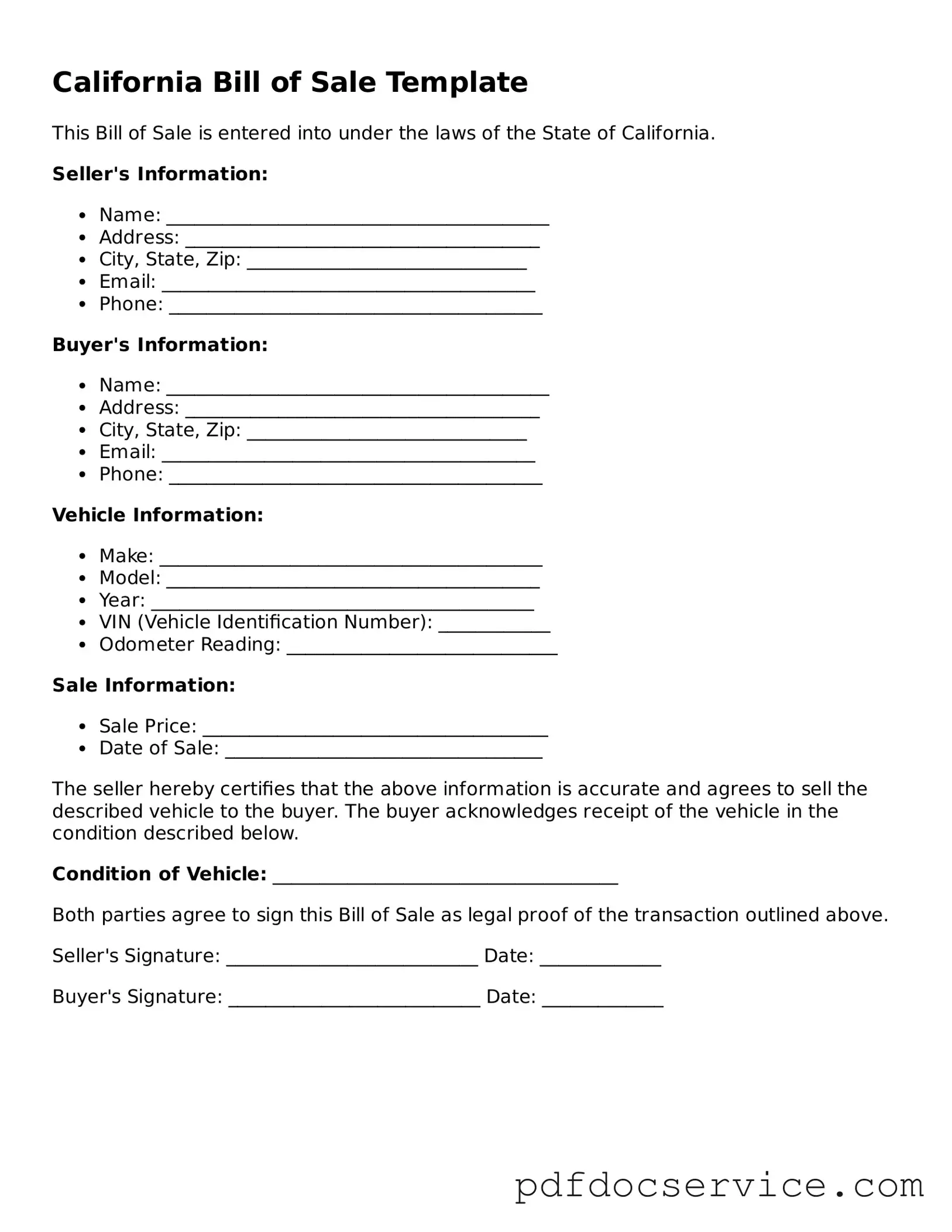 Printable  Bill of Sale Template for California