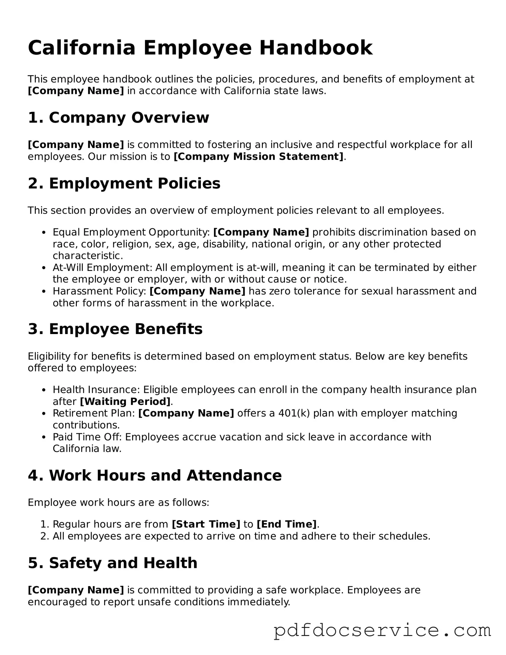Printable  Employee Handbook Template for California