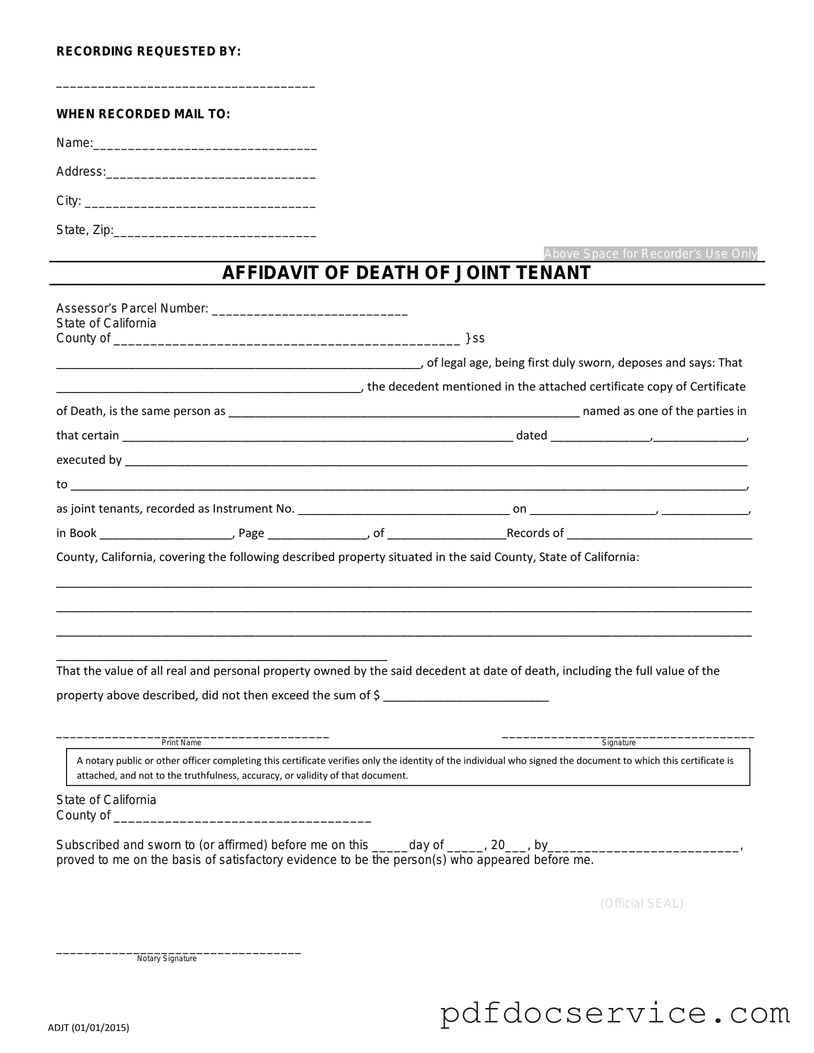 Fill Your California Death of a Joint Tenant Affidavit Form