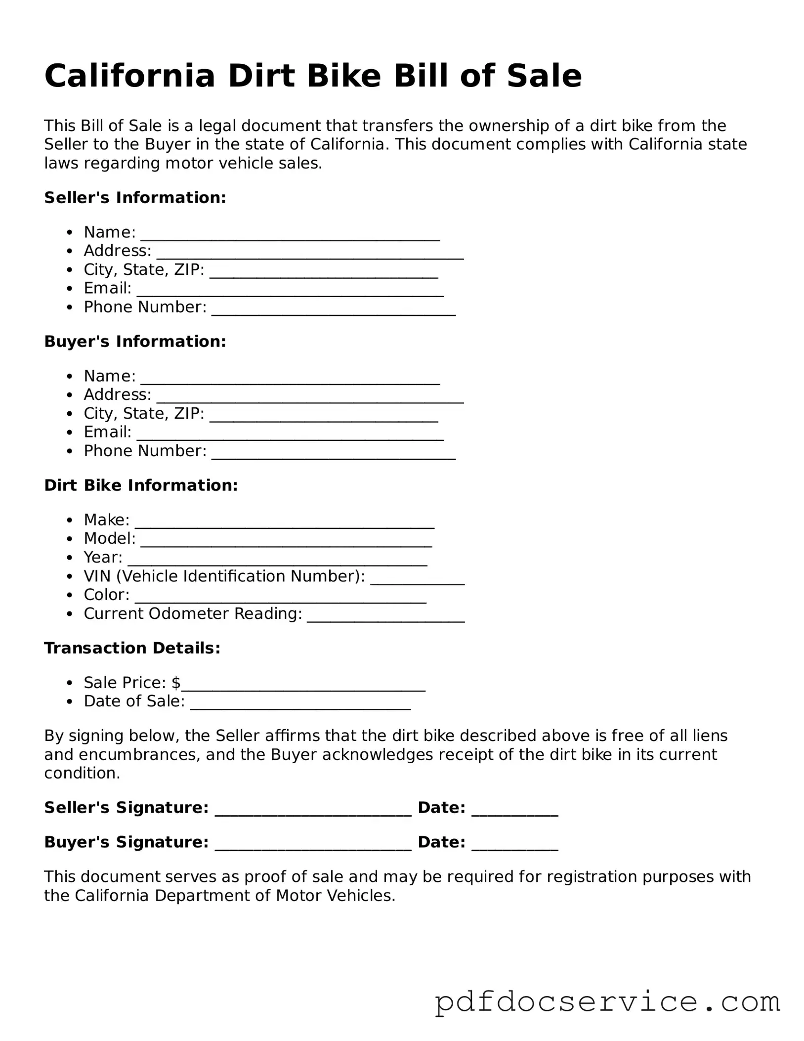 Printable  Dirt Bike Bill of Sale Template for California