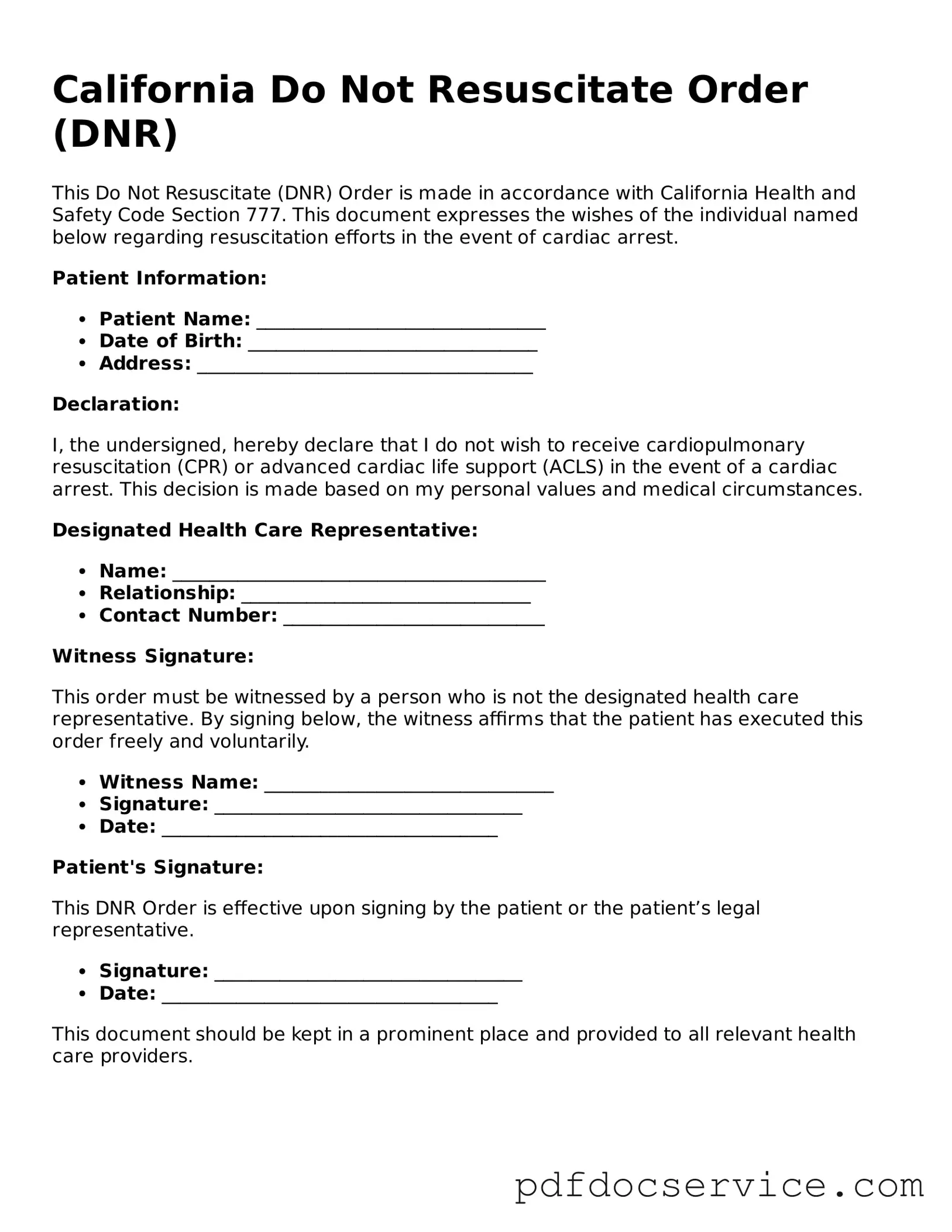 Printable  Do Not Resuscitate Order Template for California
