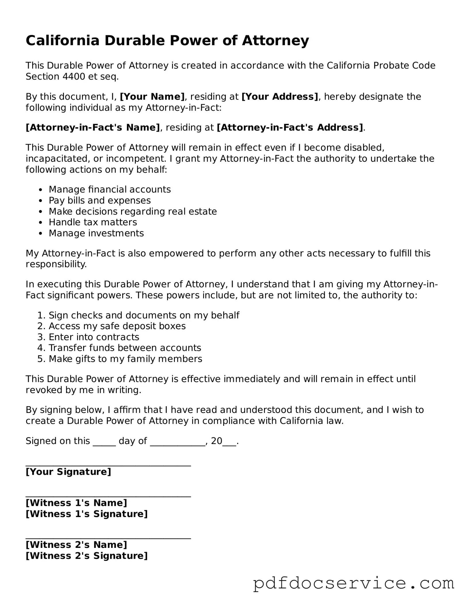 Printable  Durable Power of Attorney Template for California