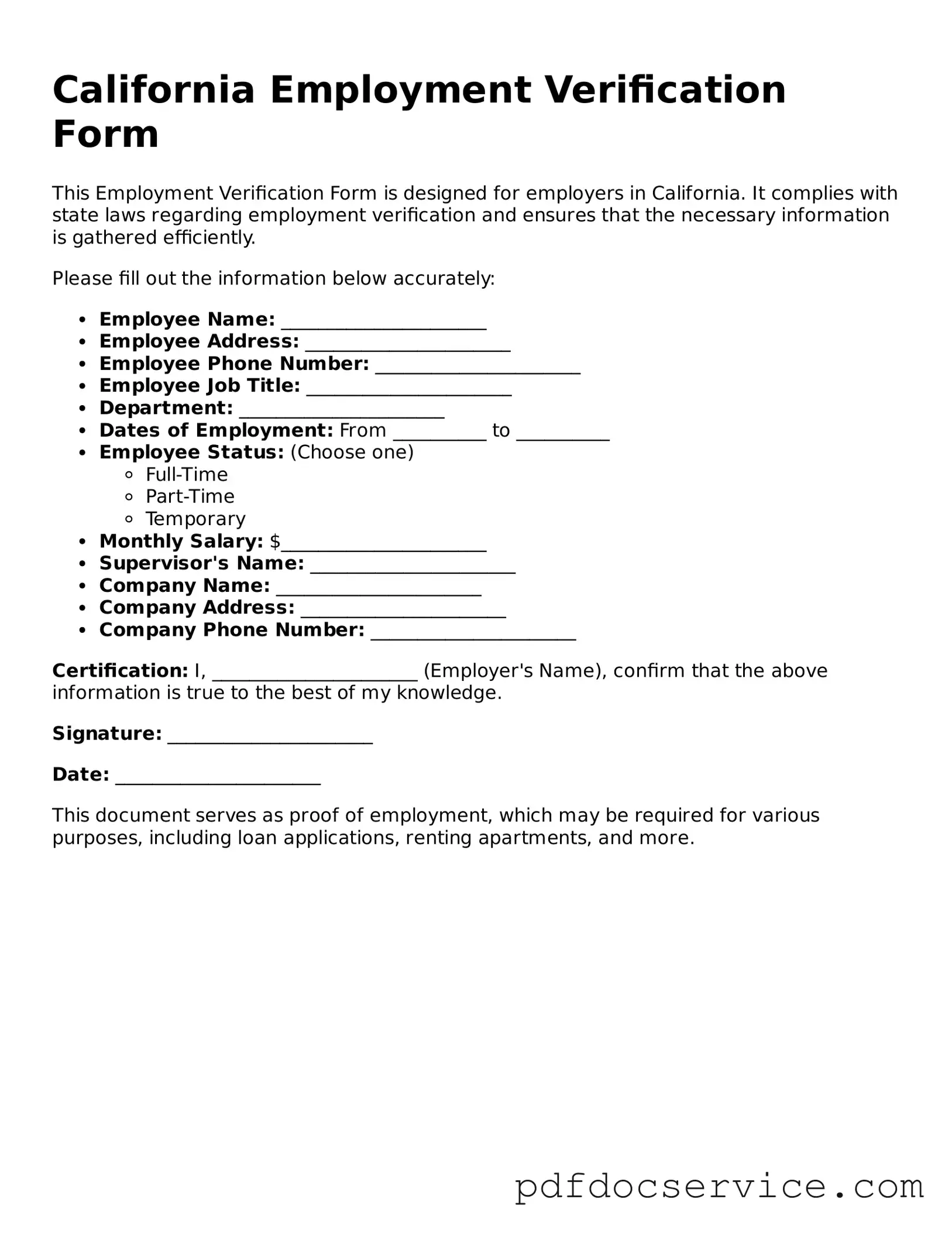 Printable  Employment Verification Template for California
