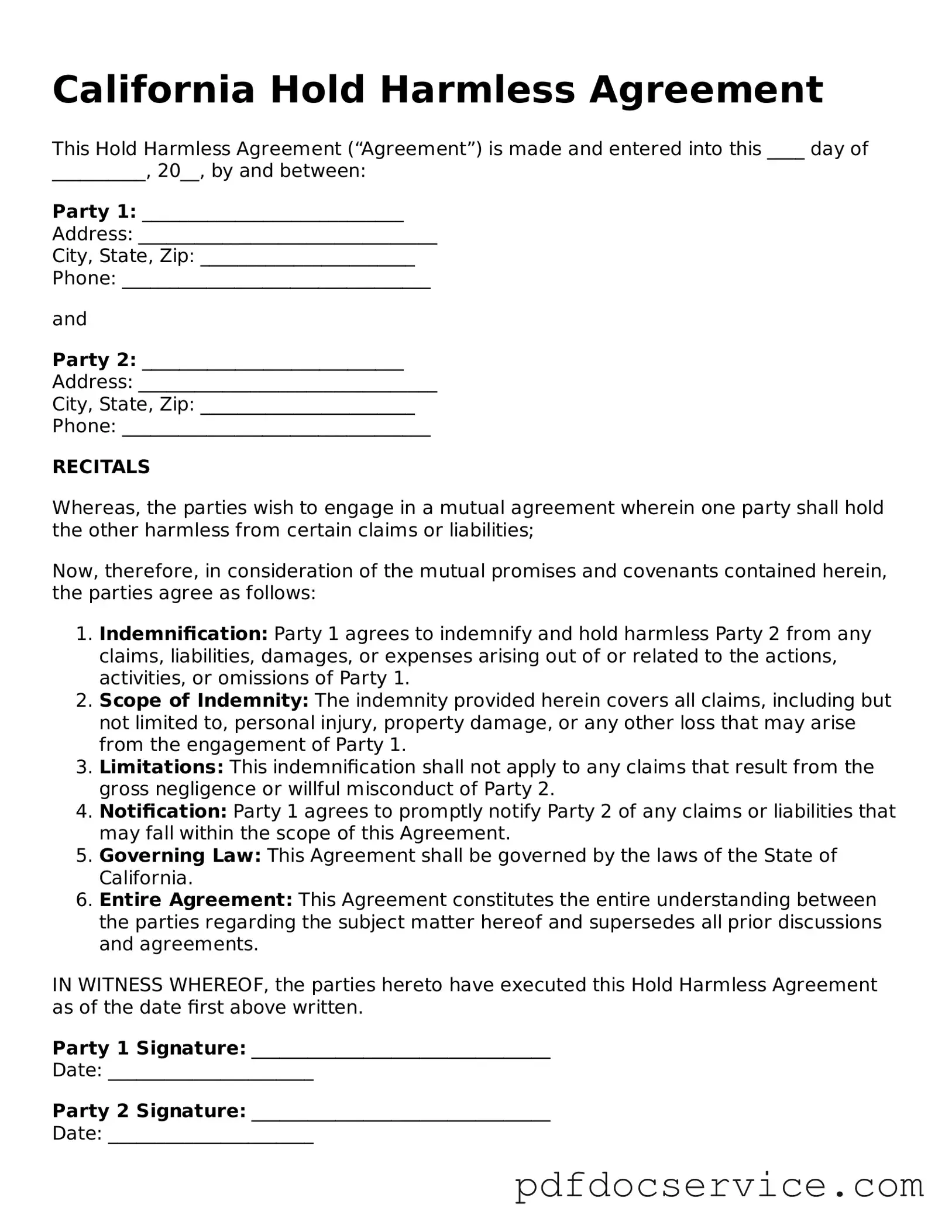 Printable  Hold Harmless Agreement Template for California