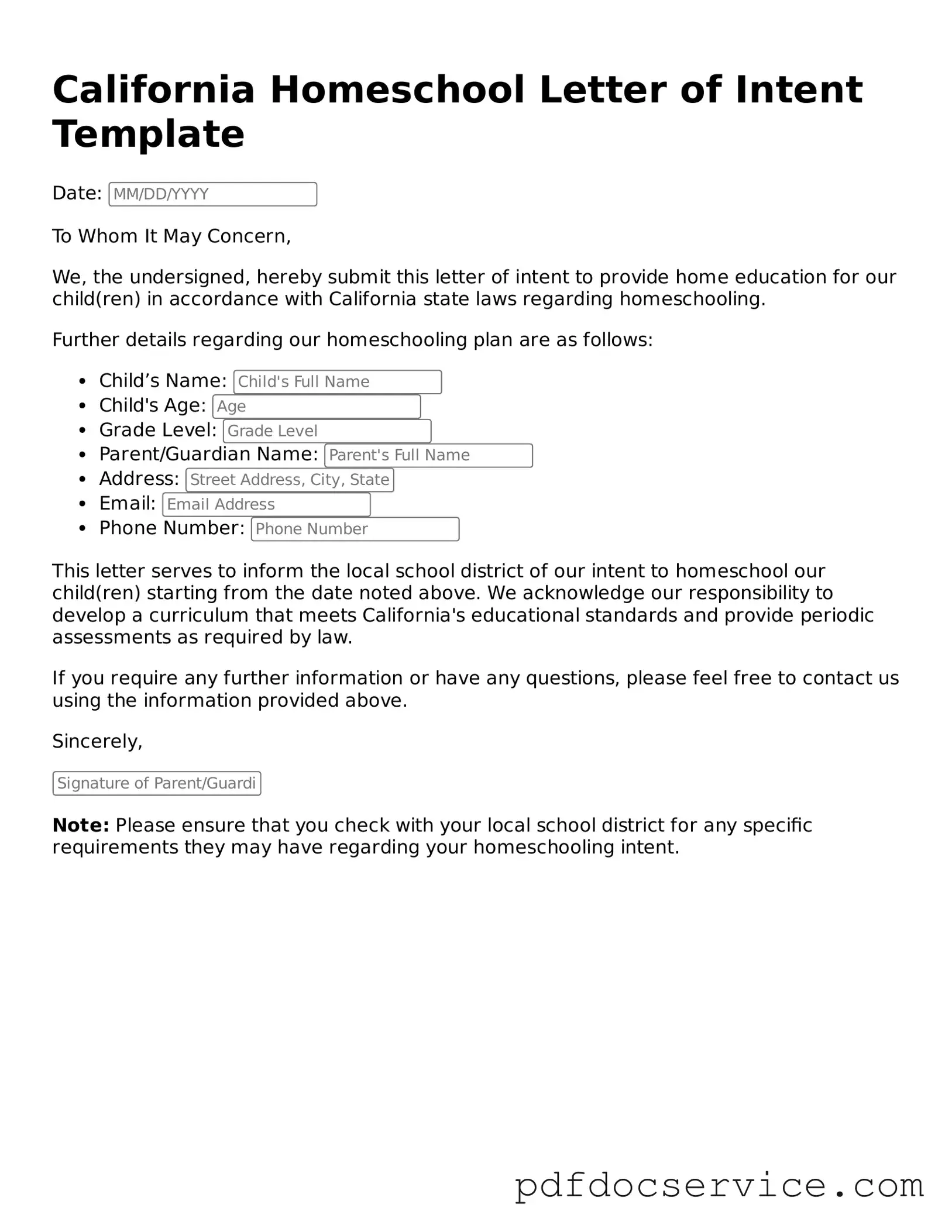 Printable  Homeschool Letter of Intent Template for California