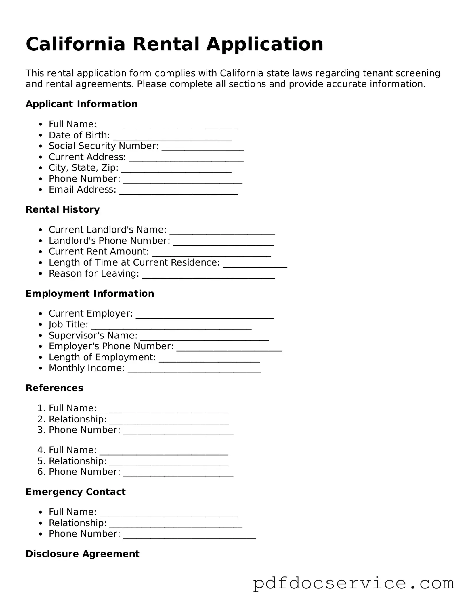 Printable  Rental Application Template for California