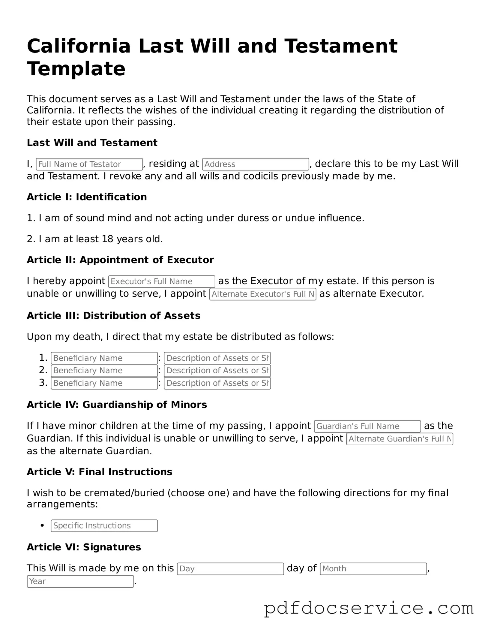 Printable  Last Will and Testament Template for California
