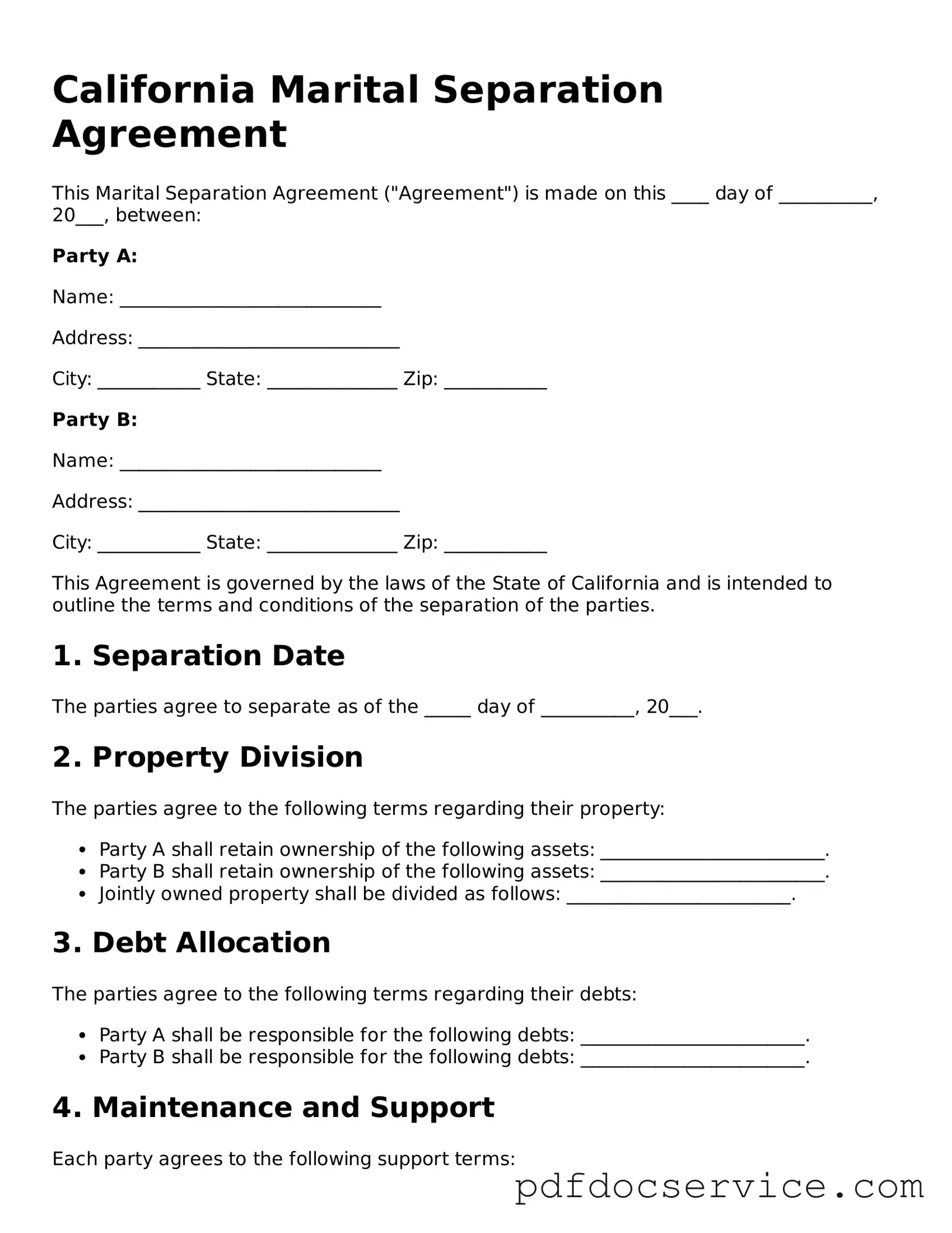 Printable  Marital Separation Agreement Template for California