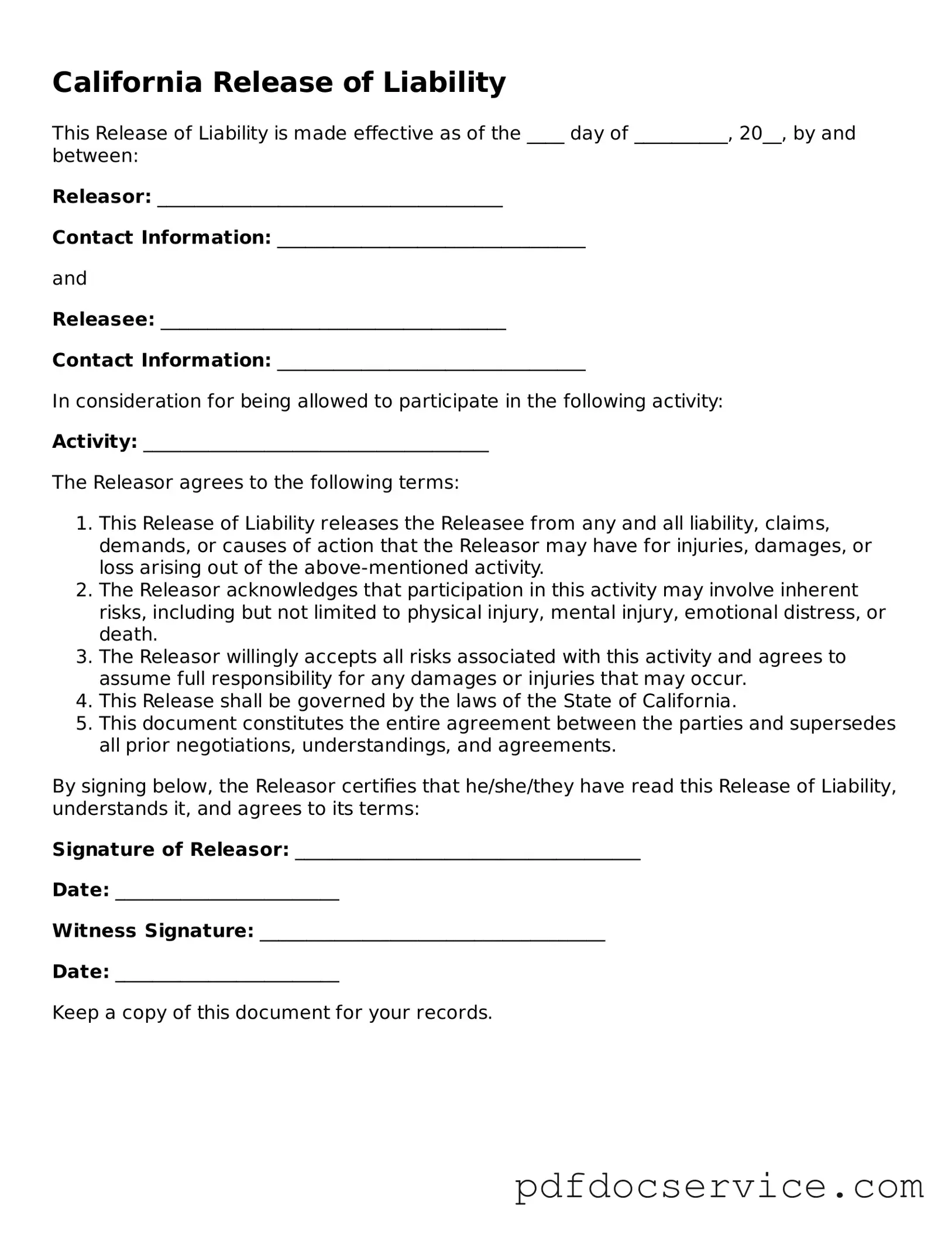 Printable  Release of Liability Template for California