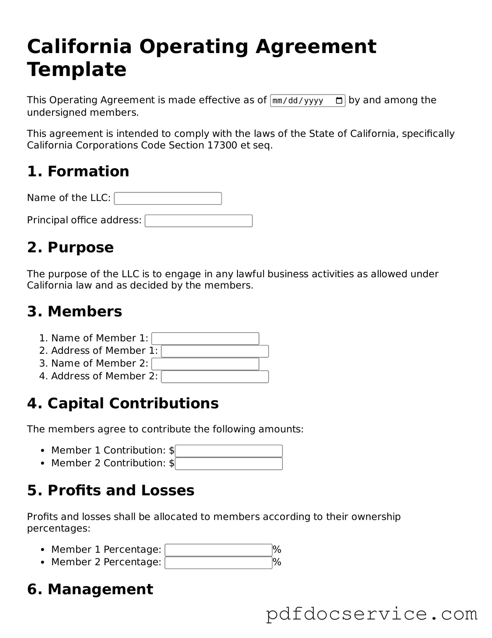 Printable  Operating Agreement Template for California