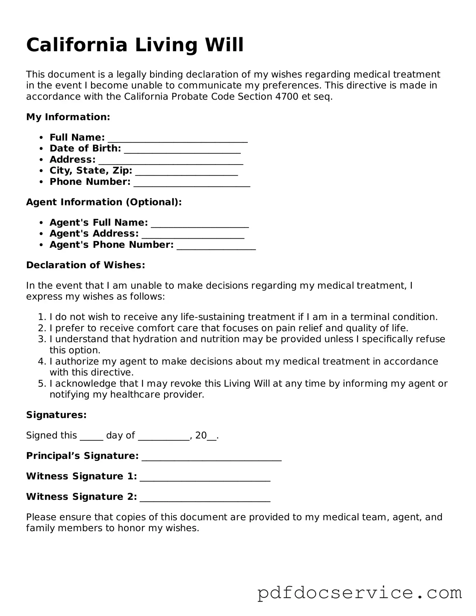 Printable  Living Will Template for California