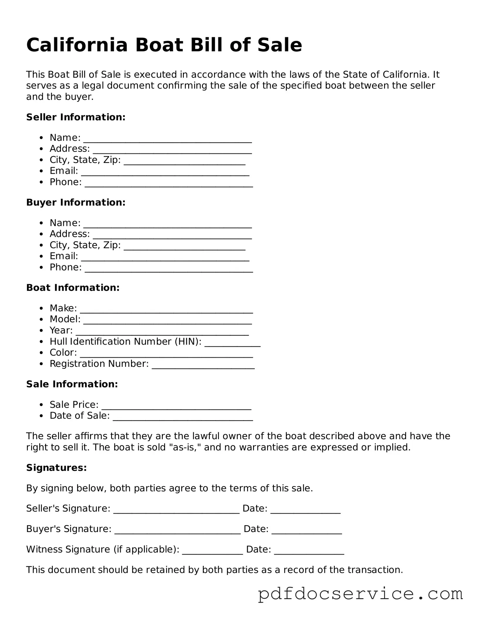 Printable  Boat Bill of Sale Template for California