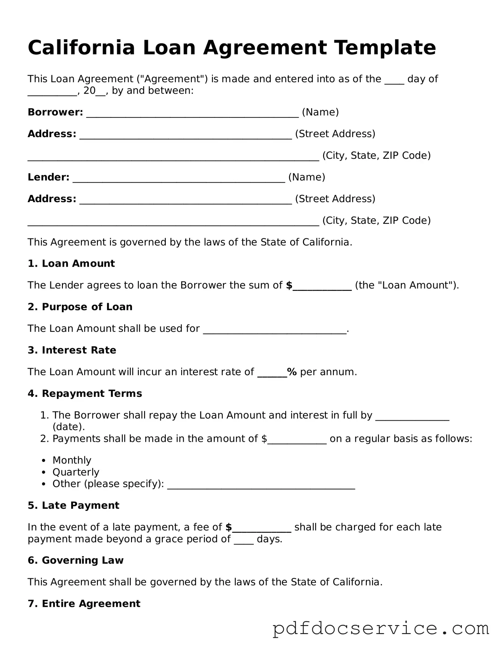 Printable  Loan Agreement Template for California