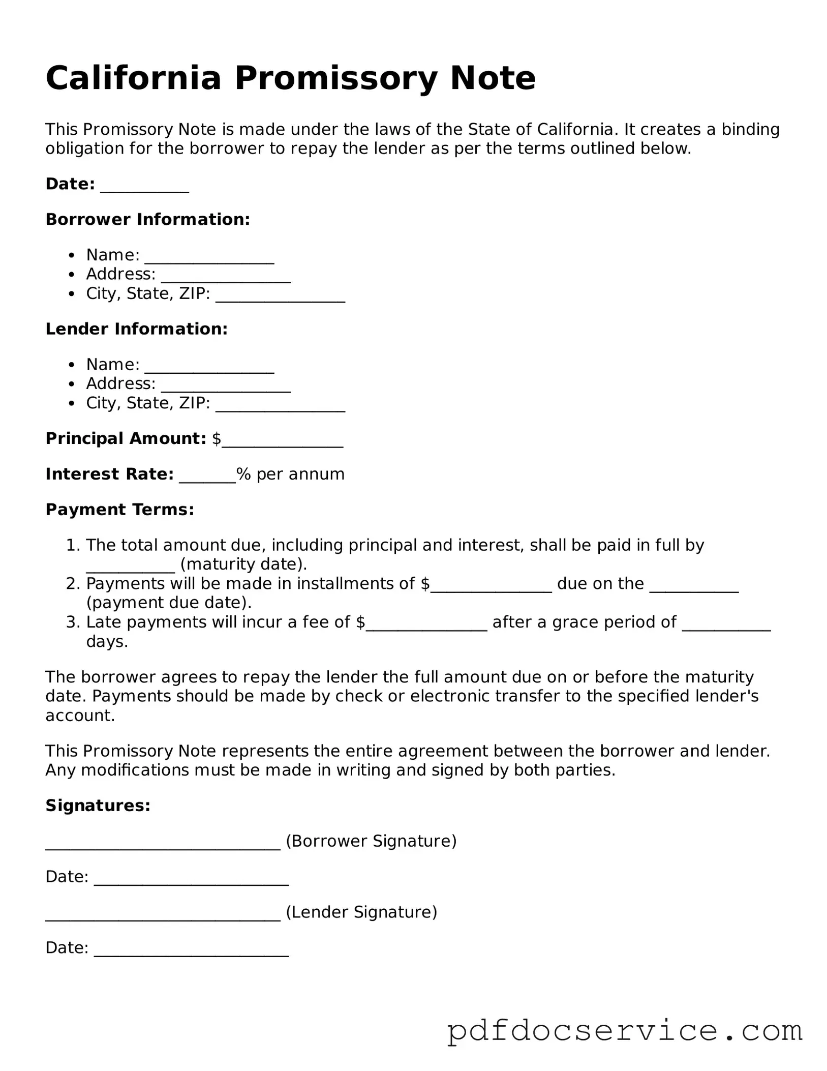 Printable  Promissory Note Template for California