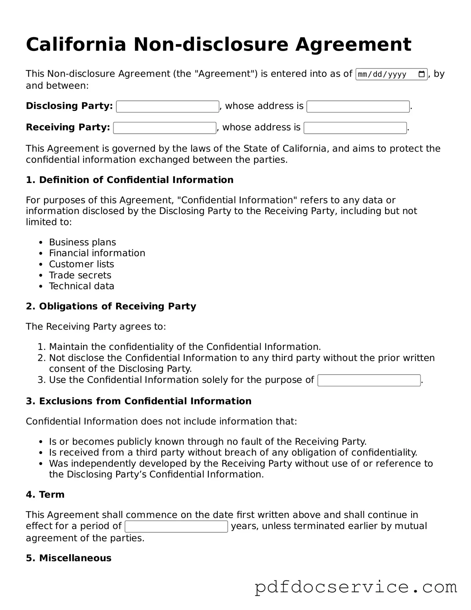 Printable  Non-disclosure Agreement Template for California