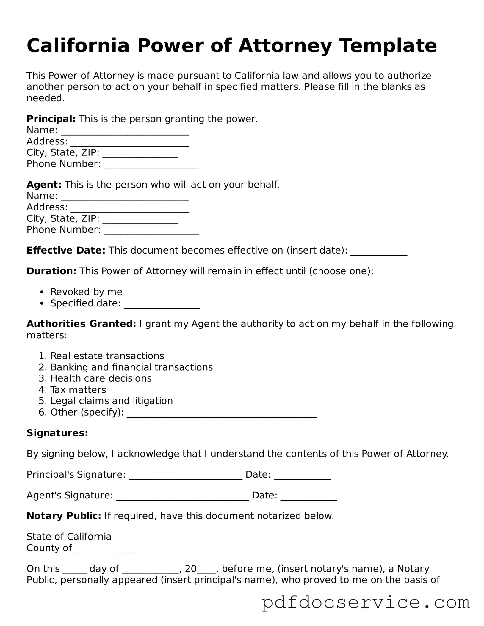 Printable  Power of Attorney Template for California