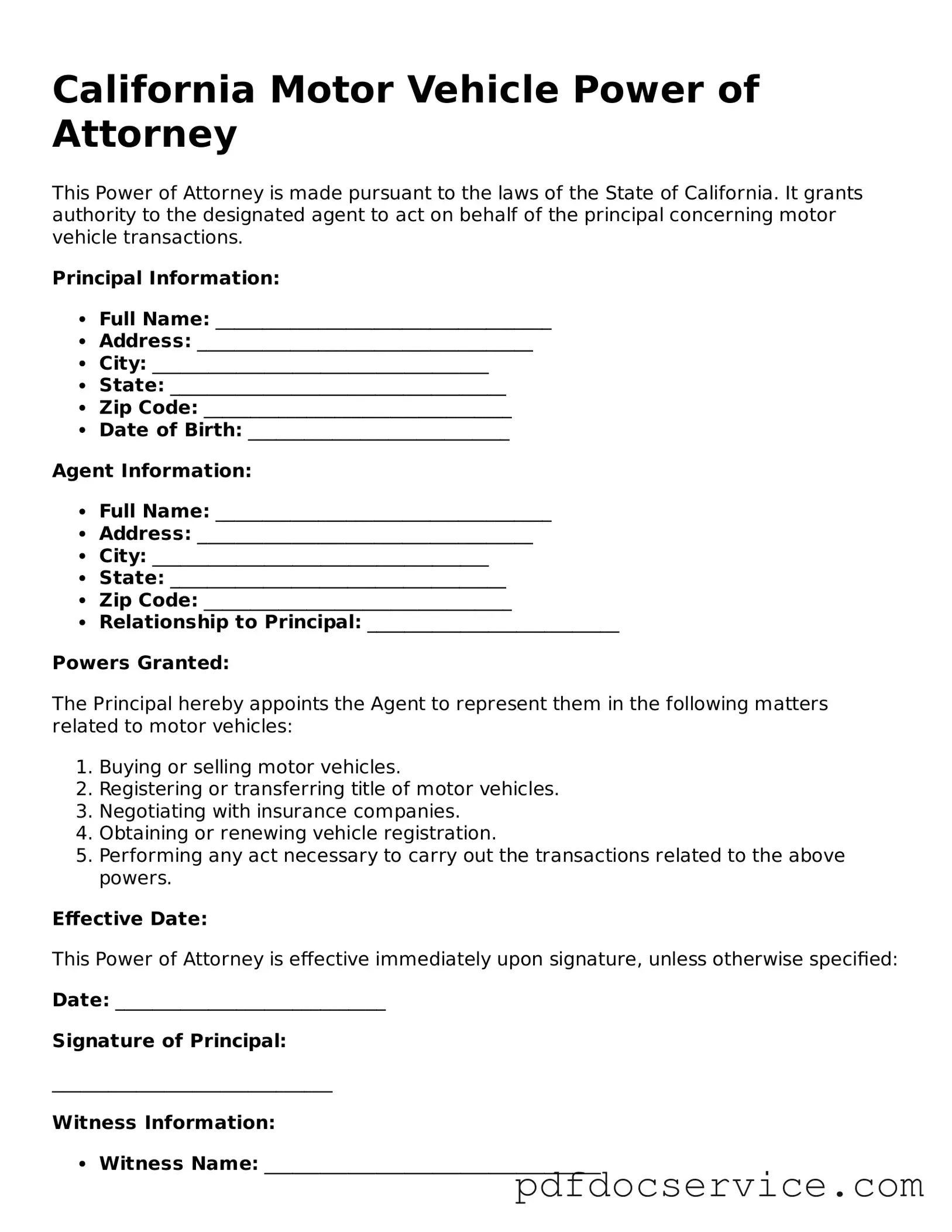 Printable  Motor Vehicle Power of Attorney Template for California