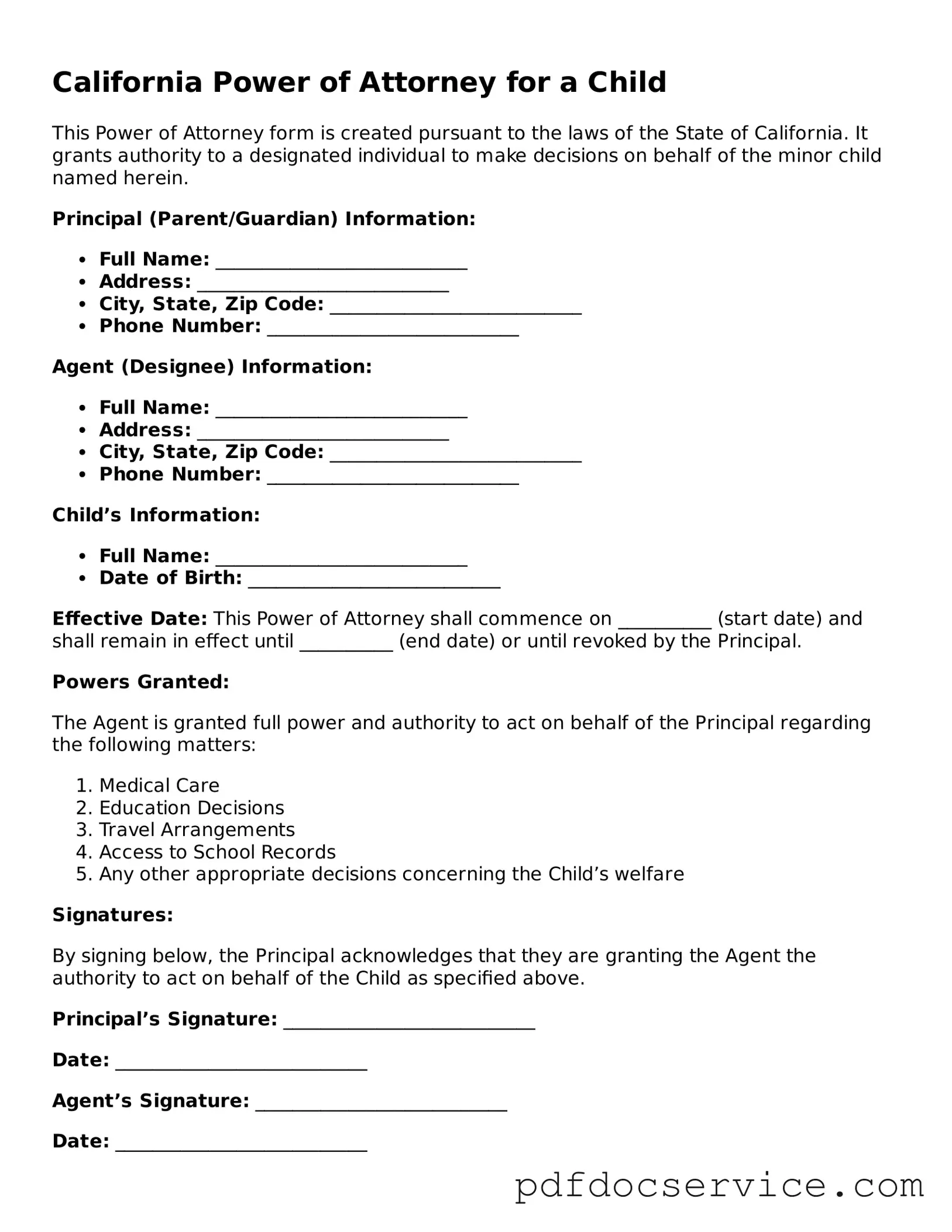 Printable  Power of Attorney for a Child Template for California