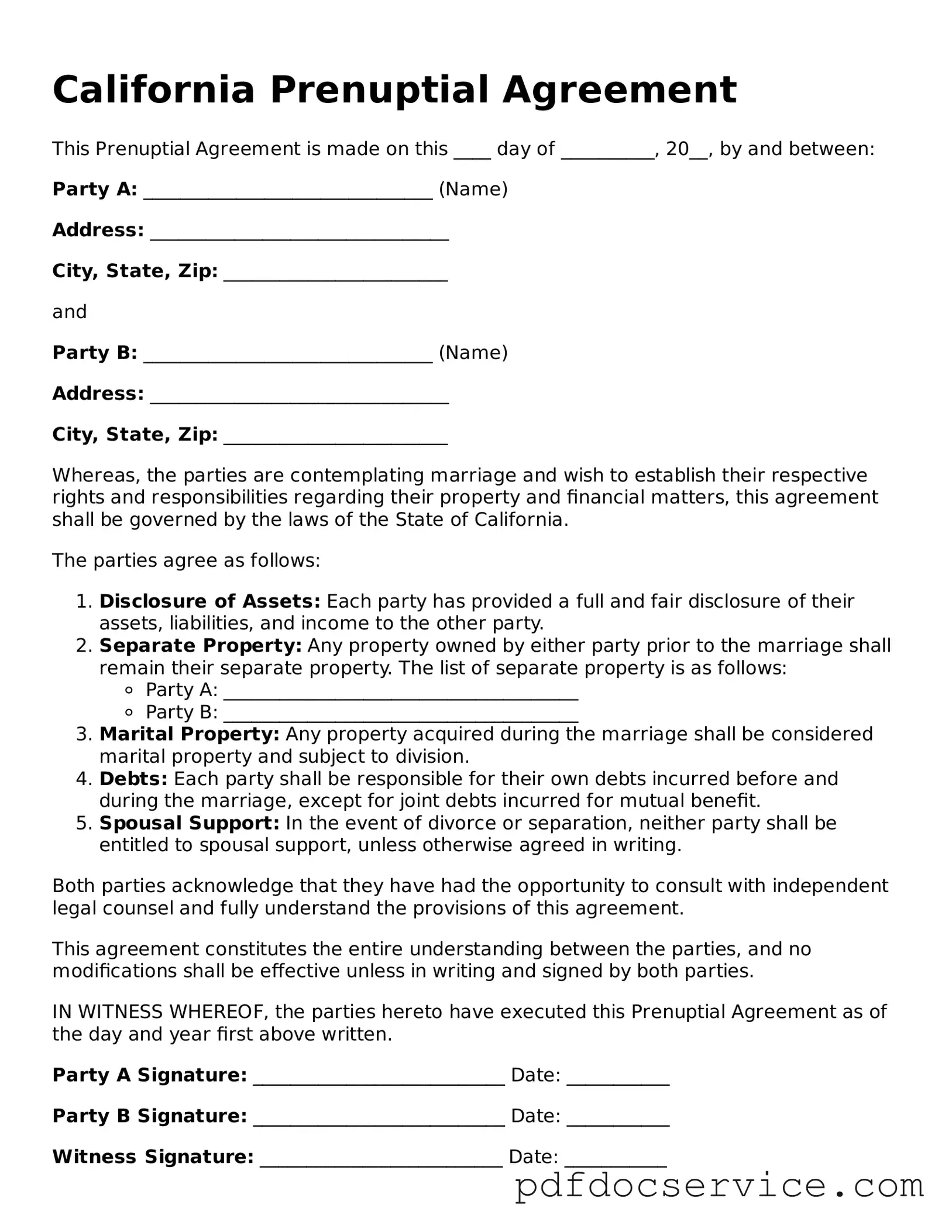 Printable  Prenuptial Agreement Template for California