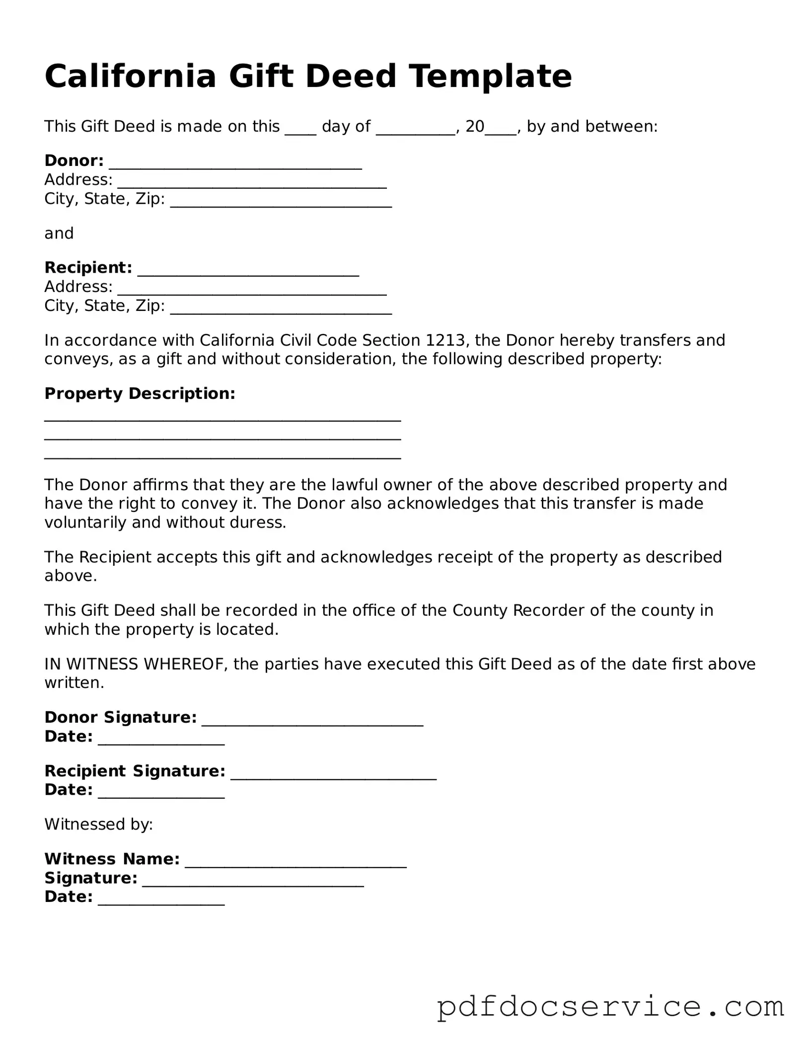 Printable  Gift Deed Template for California
