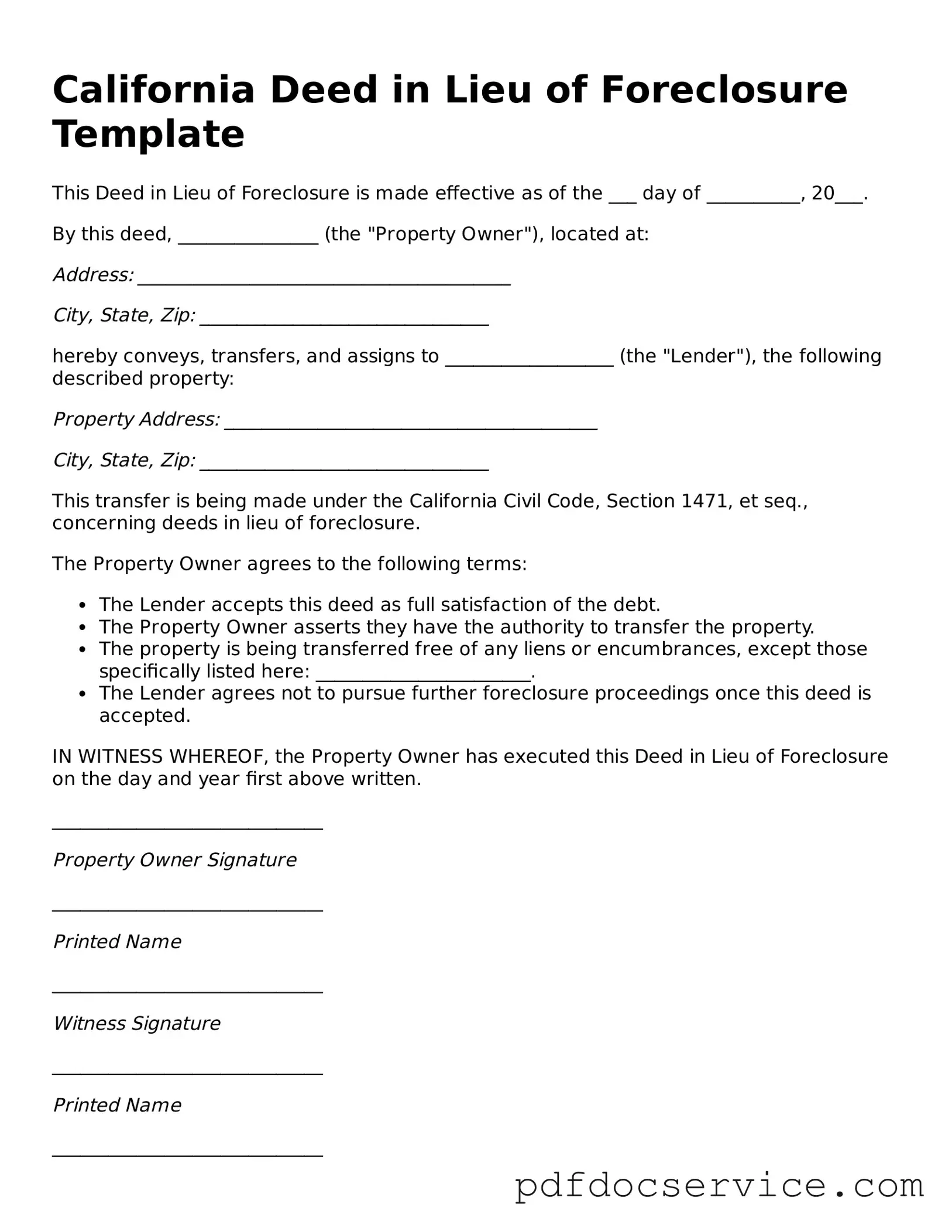 Printable  Deed in Lieu of Foreclosure Template for California