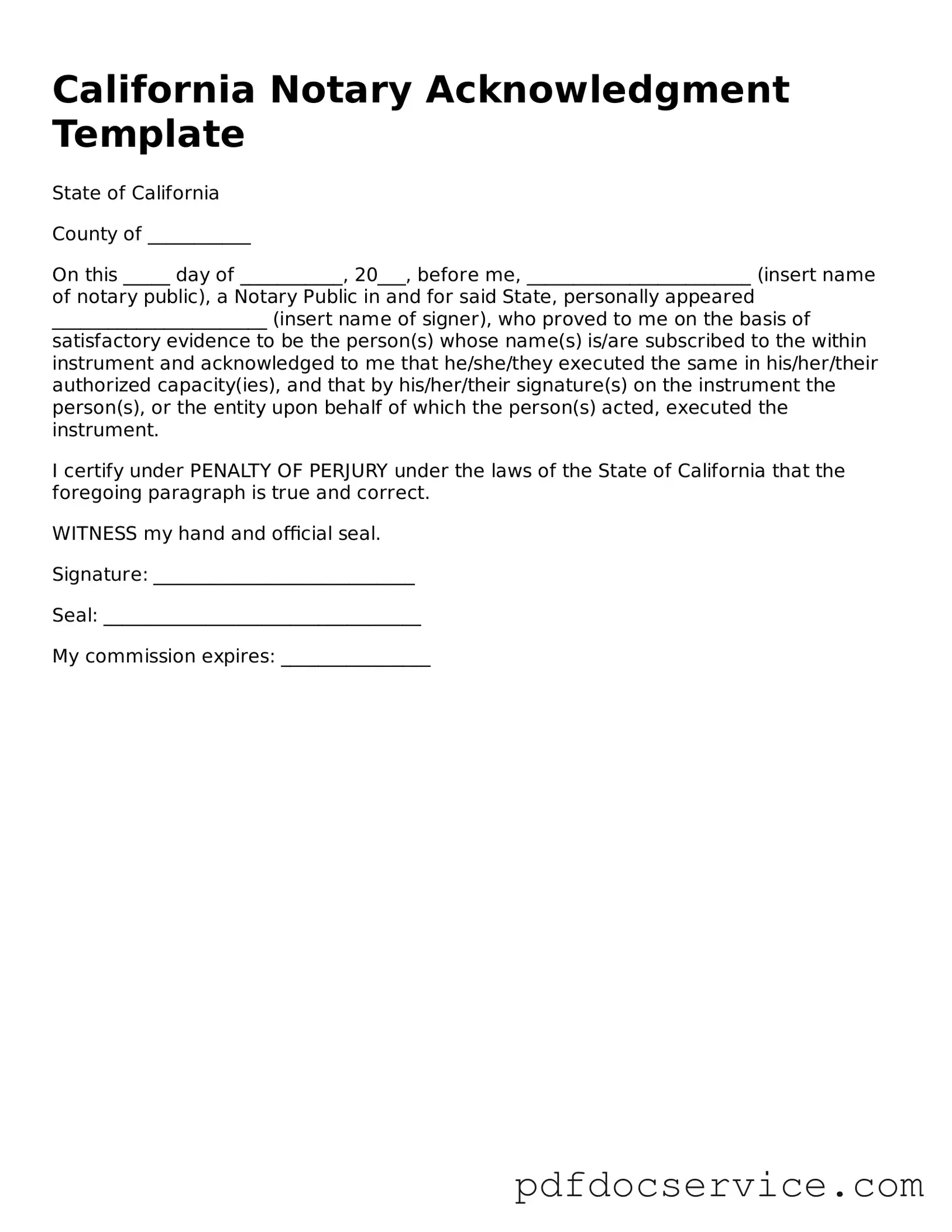 Printable  Notary Acknowledgement Template for California