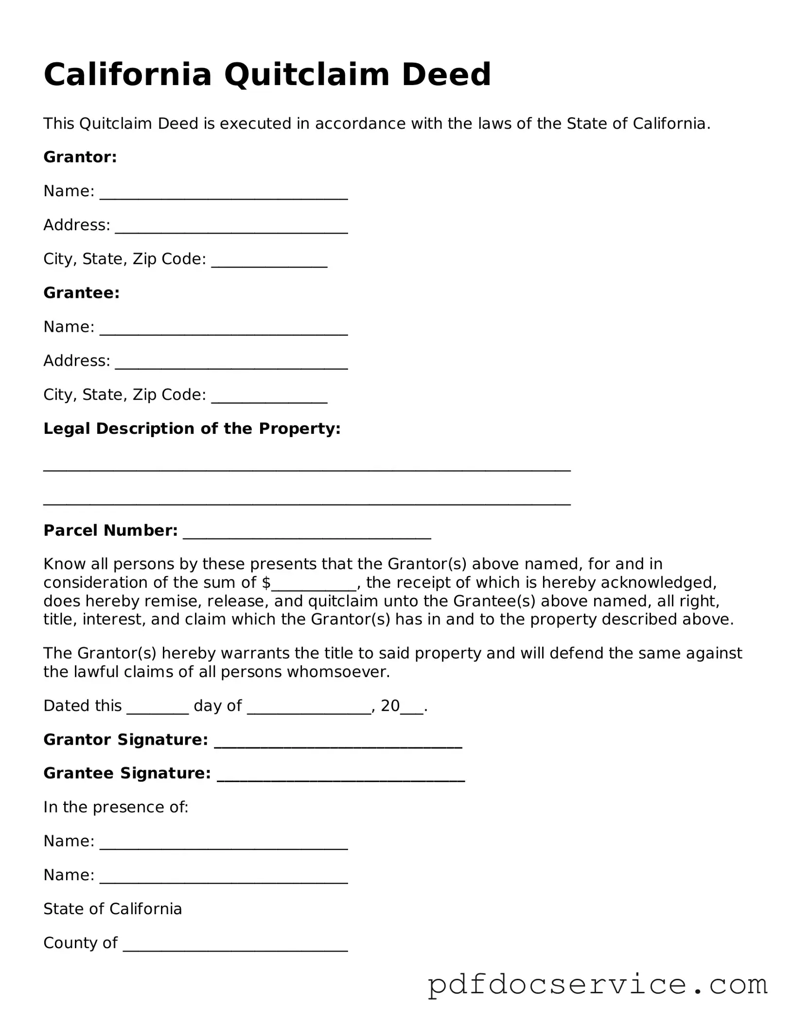 Printable  Quitclaim Deed Template for California
