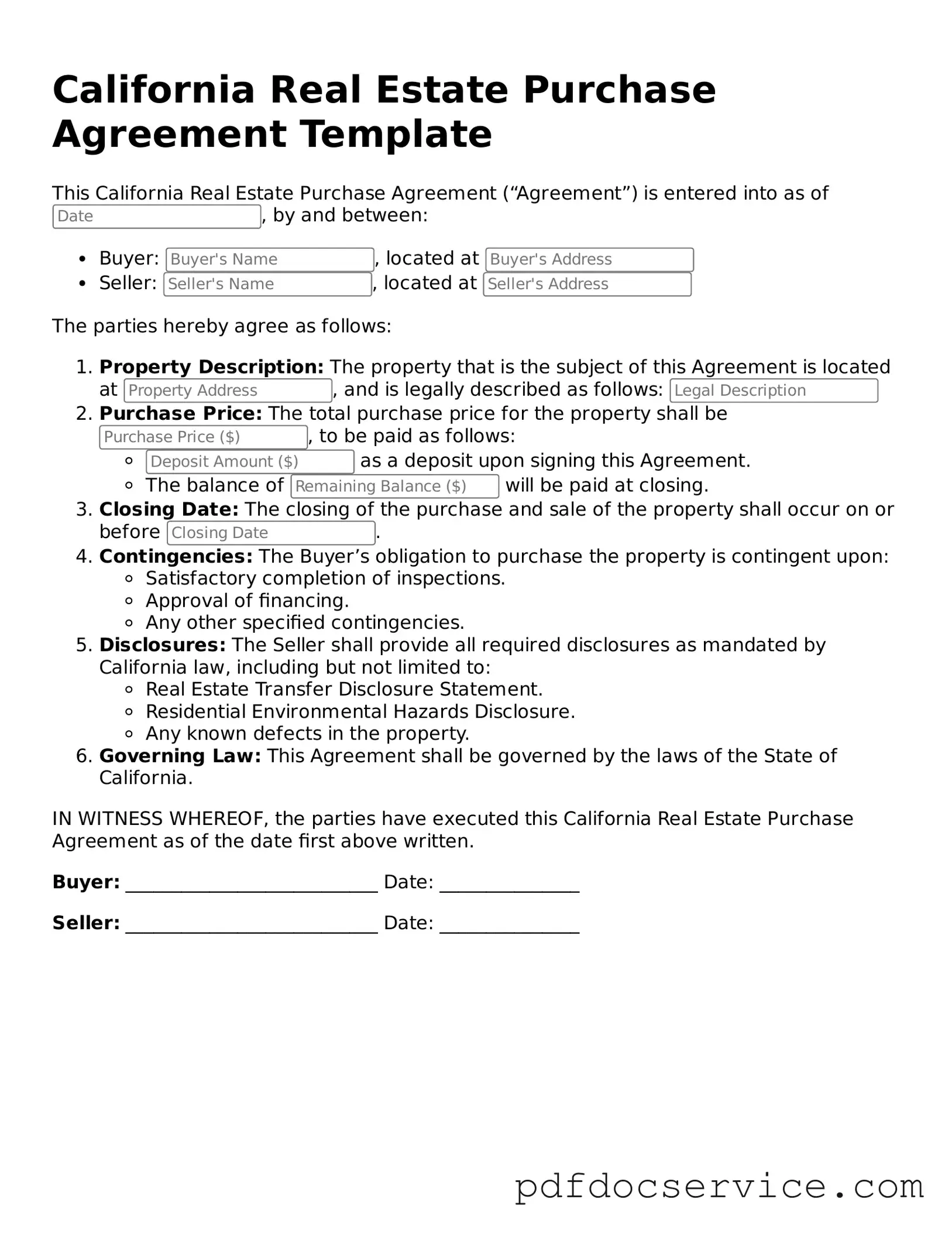 Printable  Real Estate Purchase Agreement Template for California