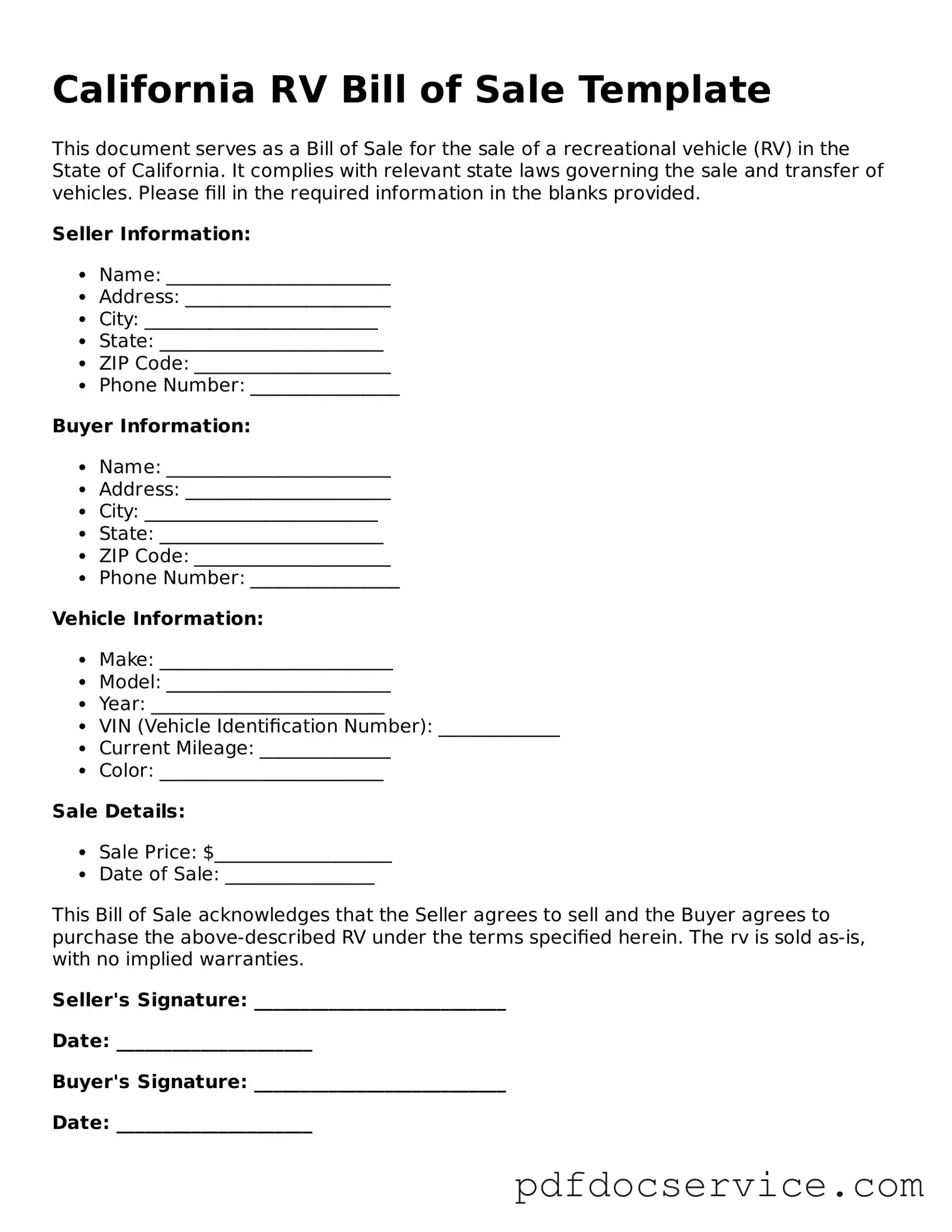 Printable  RV Bill of Sale Template for California