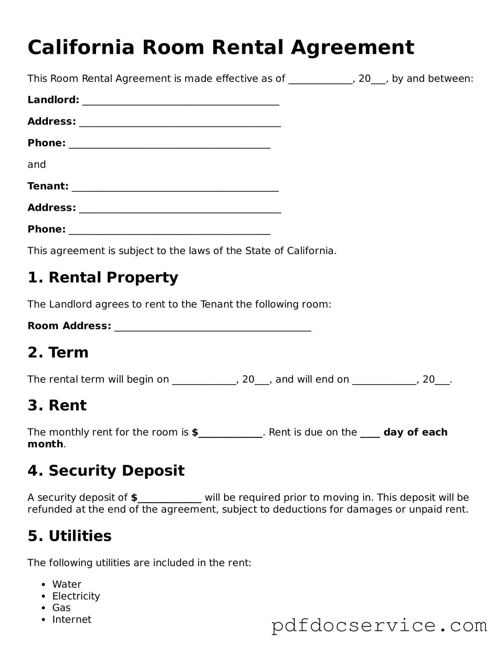 Printable  Room Rental Agreement Template for California
