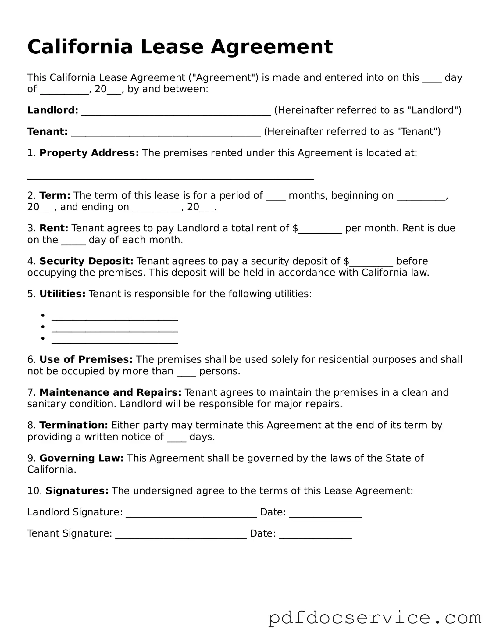 Printable  Lease Agreement Template for California