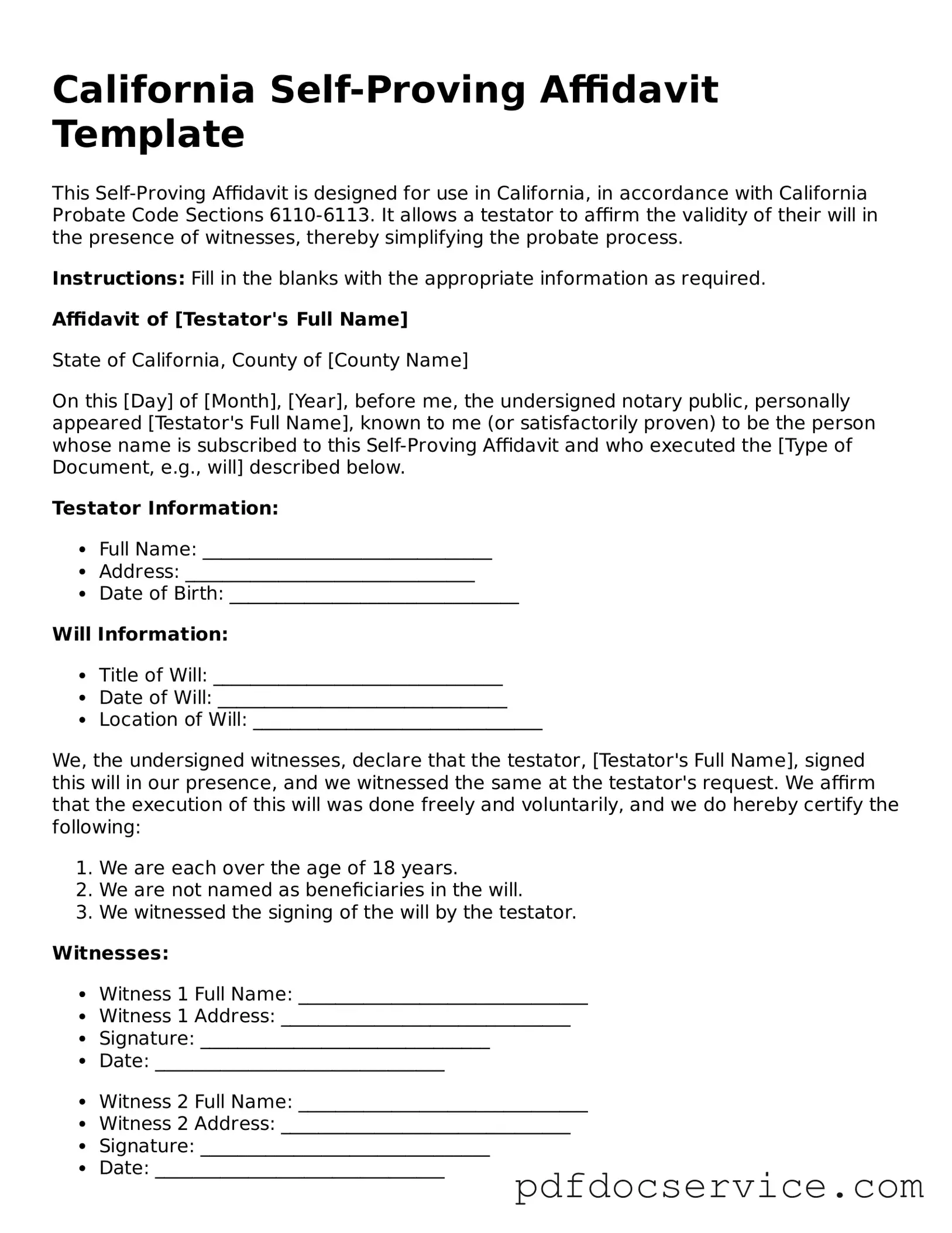 Printable  Self-Proving Affidavit Template for California