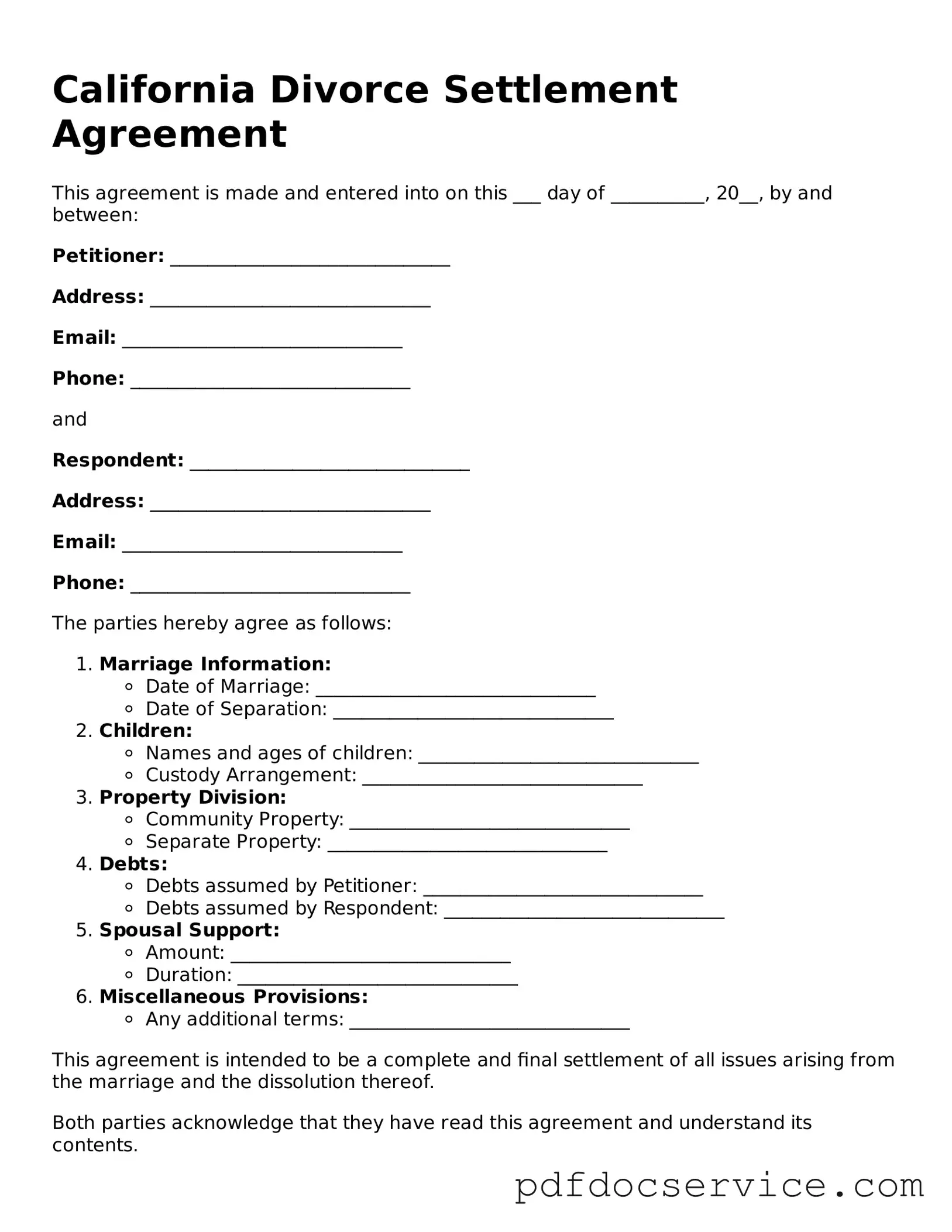 Printable  Divorce Settlement Agreement Template for California
