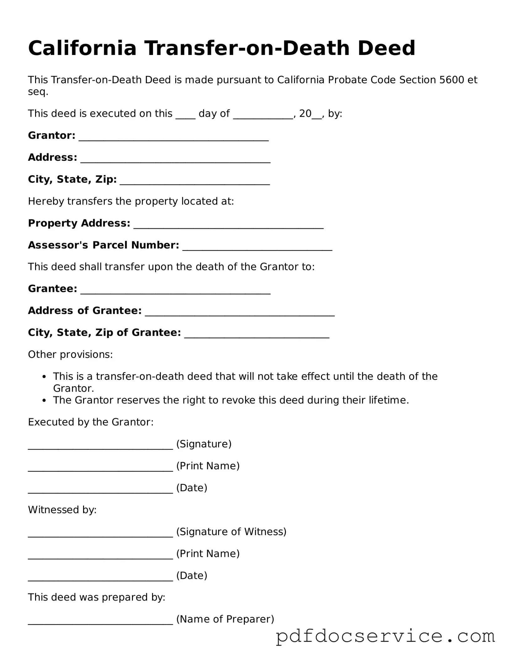 Printable  Transfer-on-Death Deed Template for California