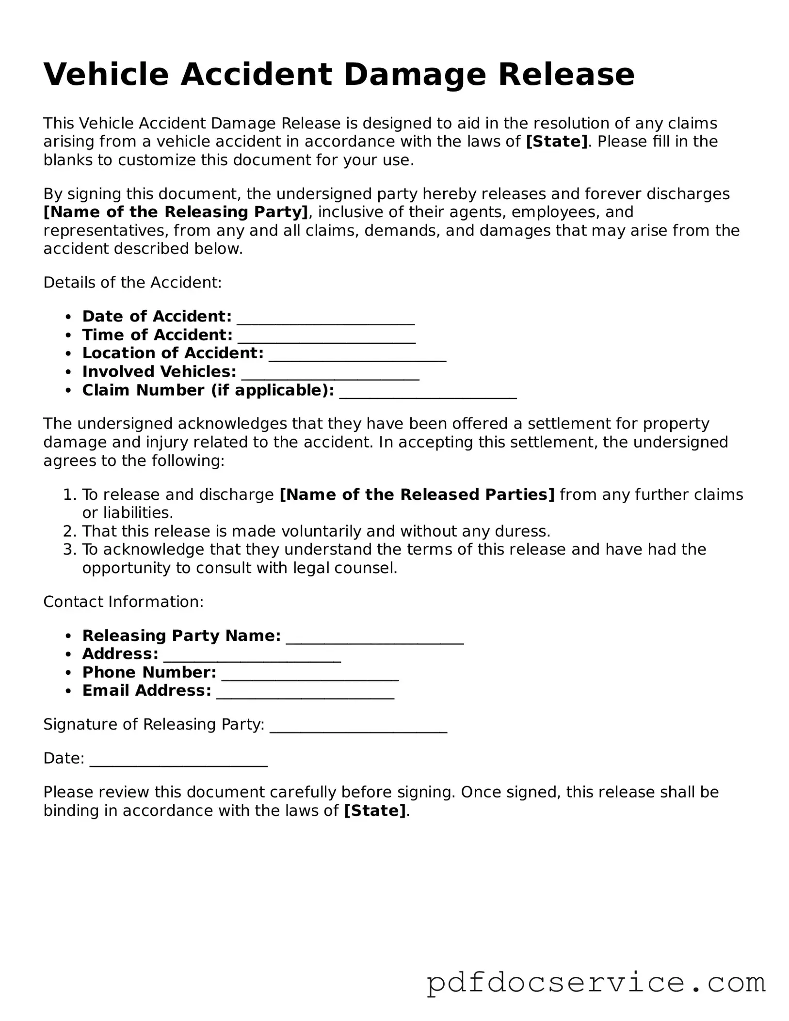 Blank Vehicle Accident Damage Release Form