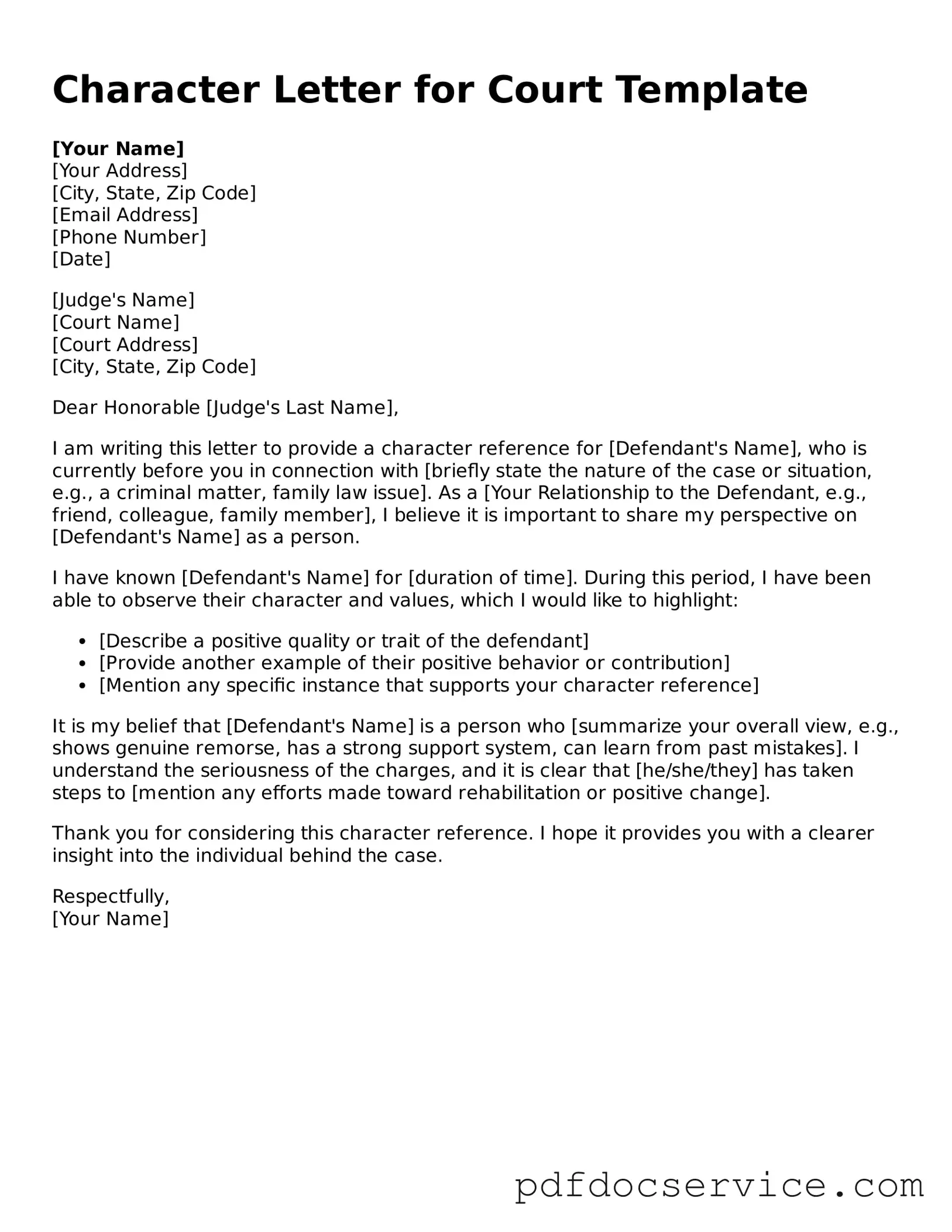 Blank Character Letter for Court Form