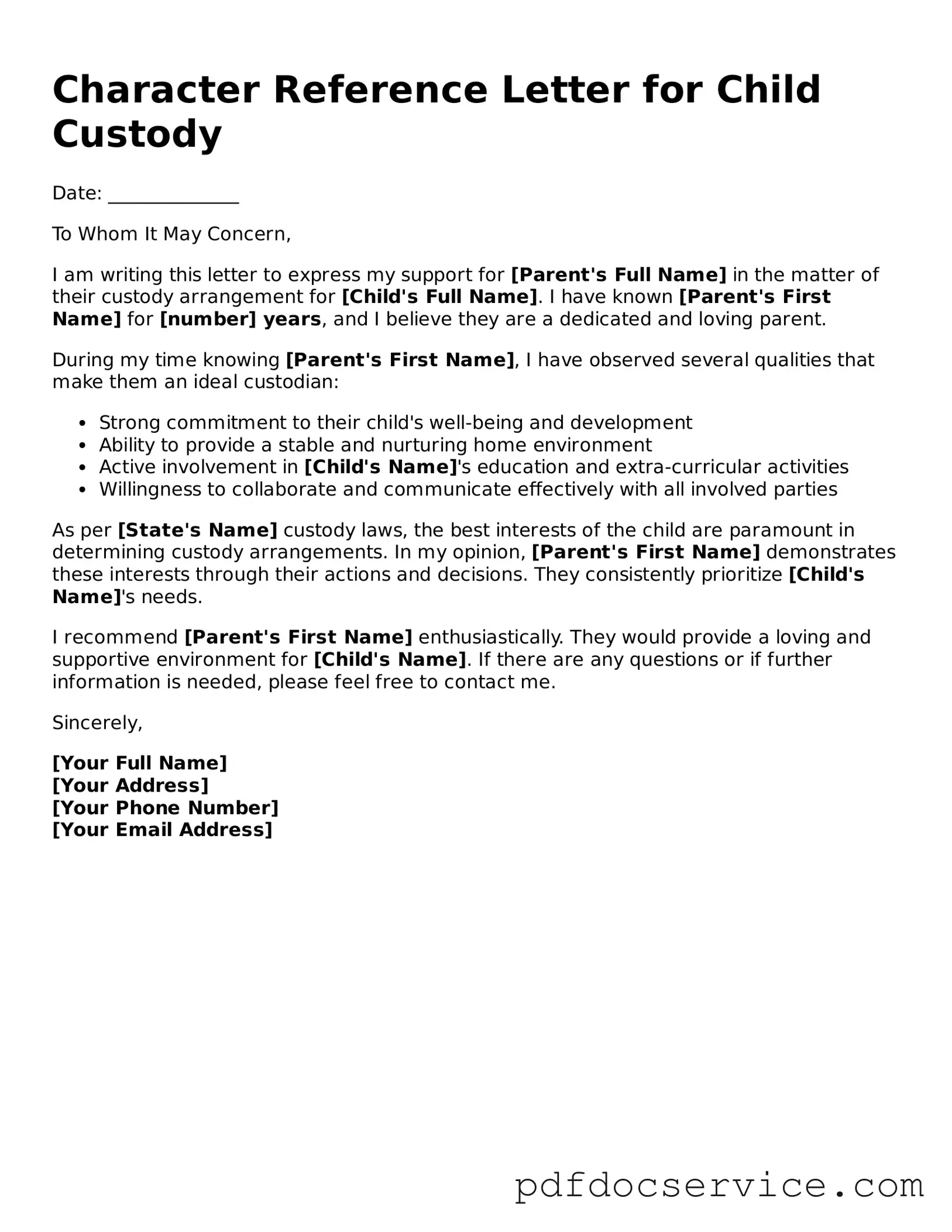 Blank Character Reference Letter for Child Custody Form