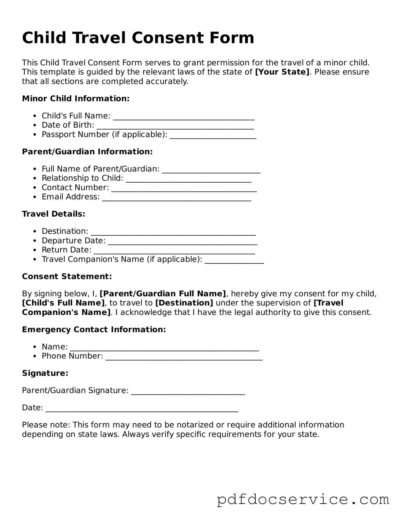 Blank Child Travel Consent Form Form
