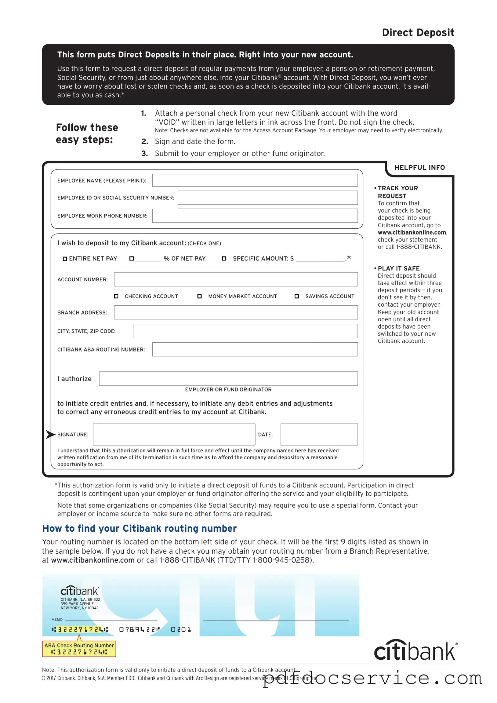 Fill Your Citibank Direct Deposit Form