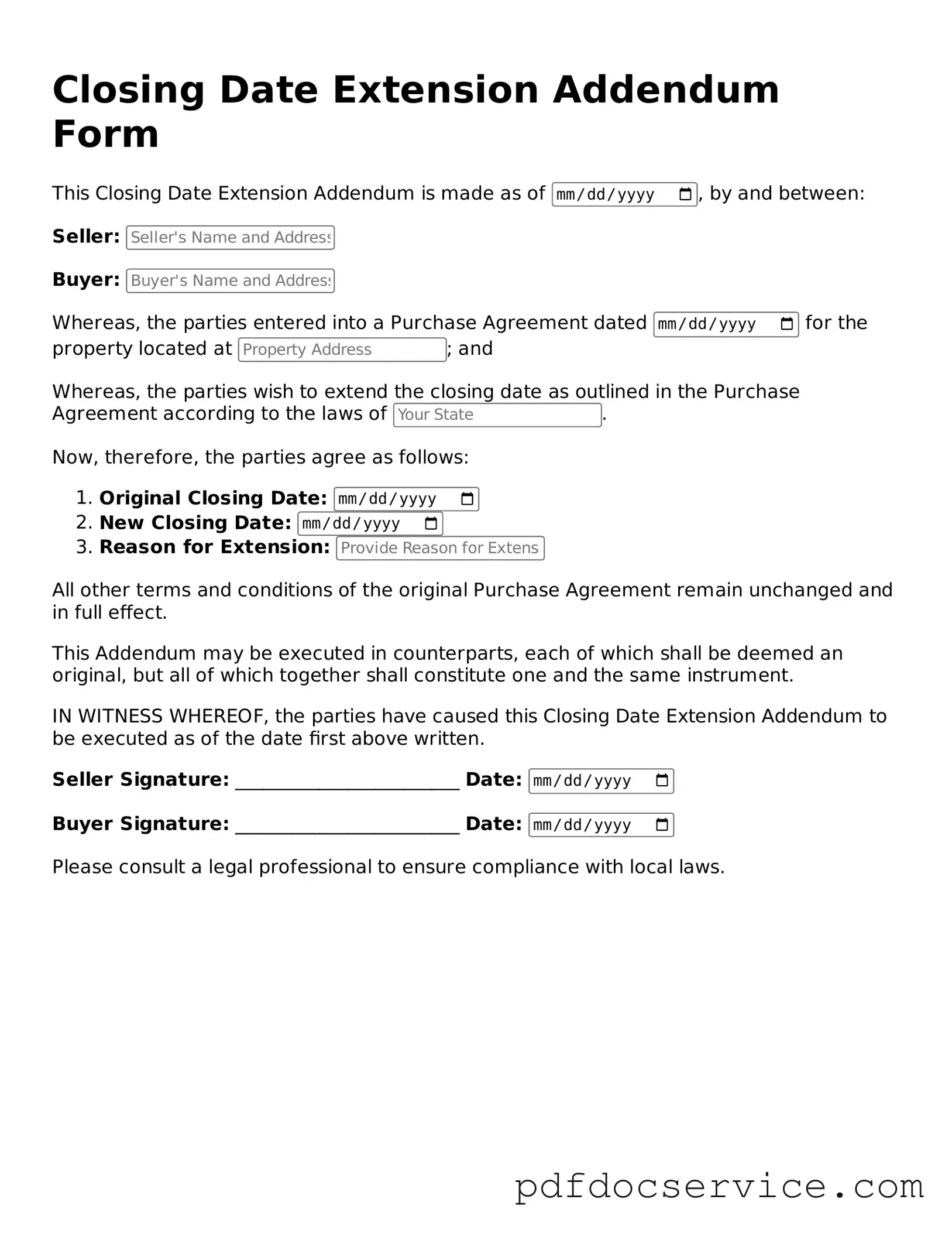 Blank Closing Date Extension Addendum Form Form